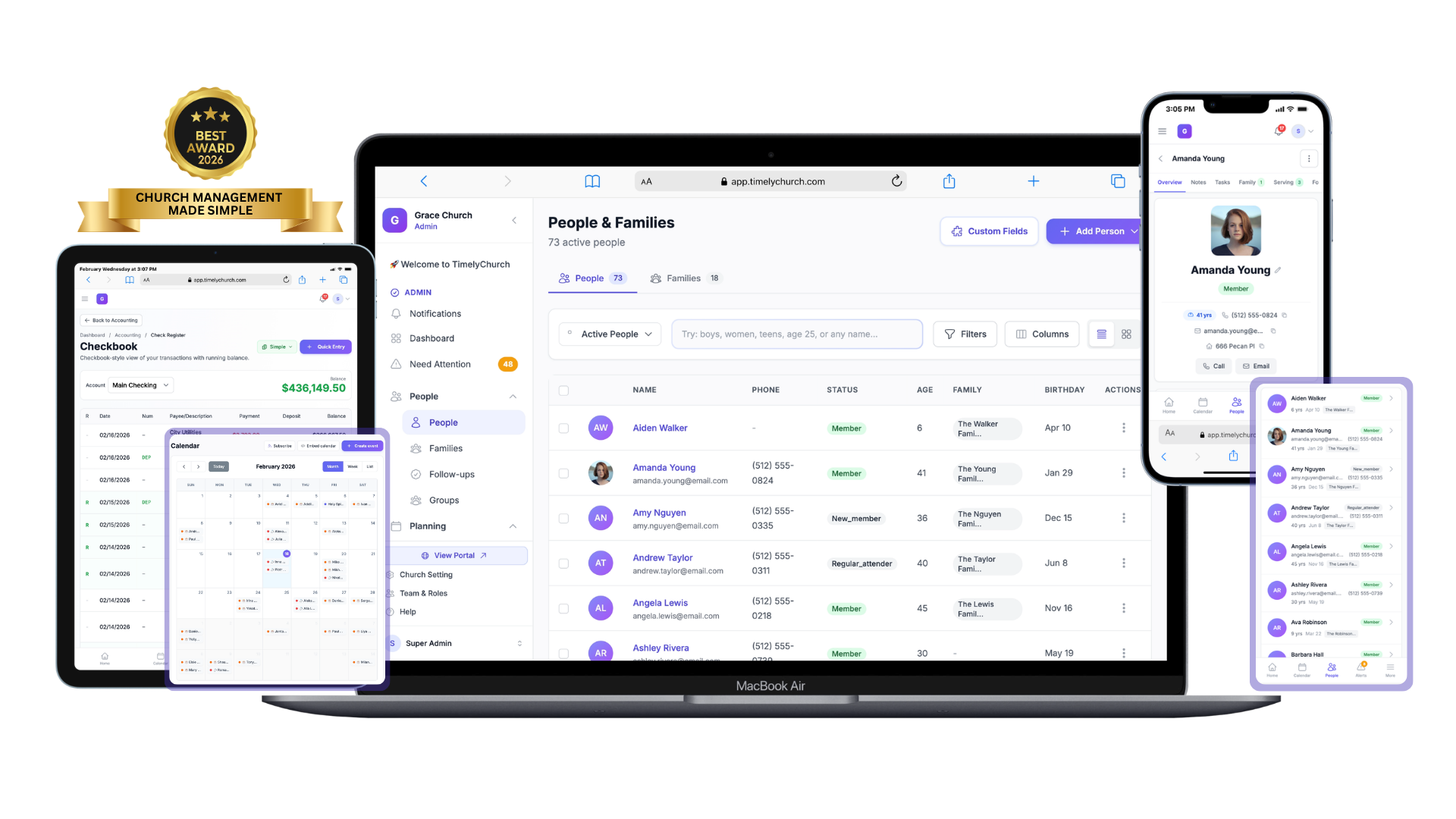TimelyChurch platform shown on MacBook, iPad, and iPhone — People & Families dashboard, Checkbook, Calendar, and mobile app views