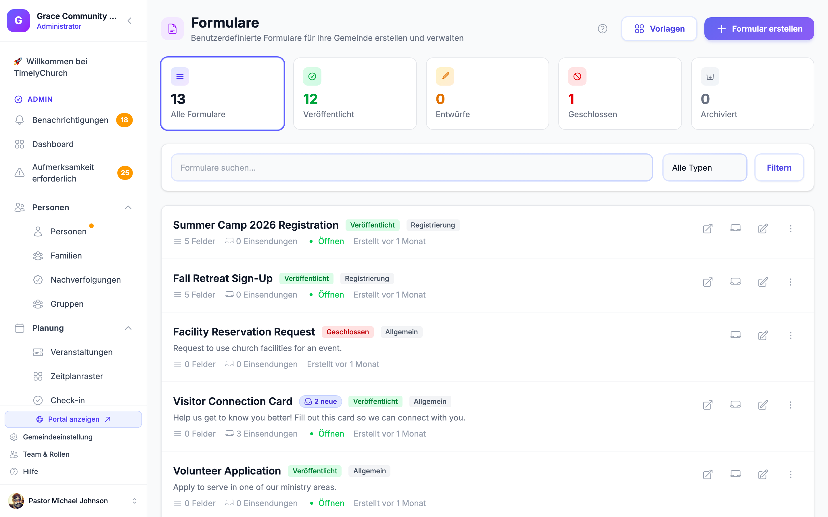 TimelyChurch Formular-Builder mit Gemeindeformularen, Einsendungen, Status und der Schaltfläche „Formular erstellen“