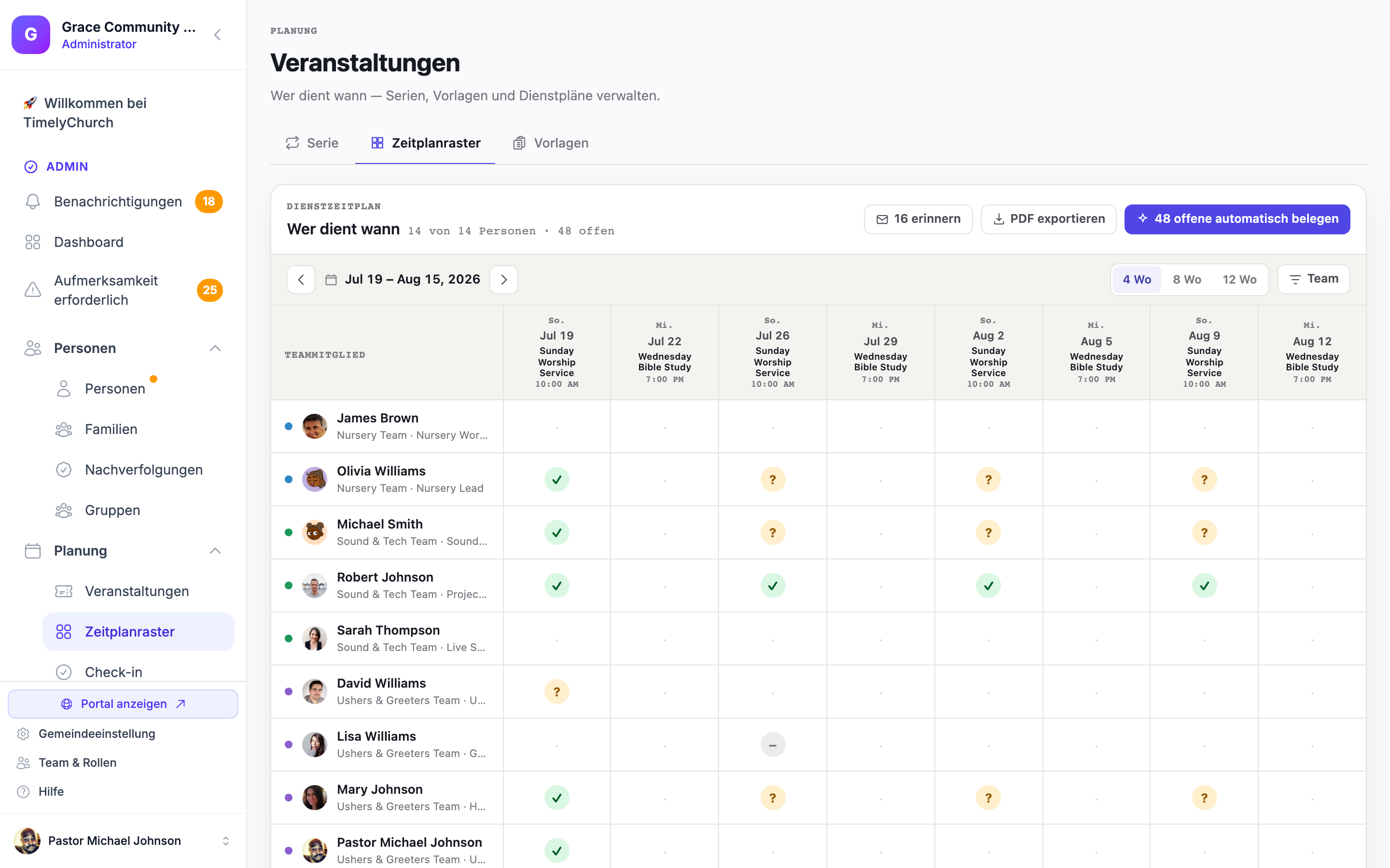 TimelyChurch-Dienstplan-Raster mit über vier Wochen bestätigten Freiwilligen und Auto-Ausfüllen