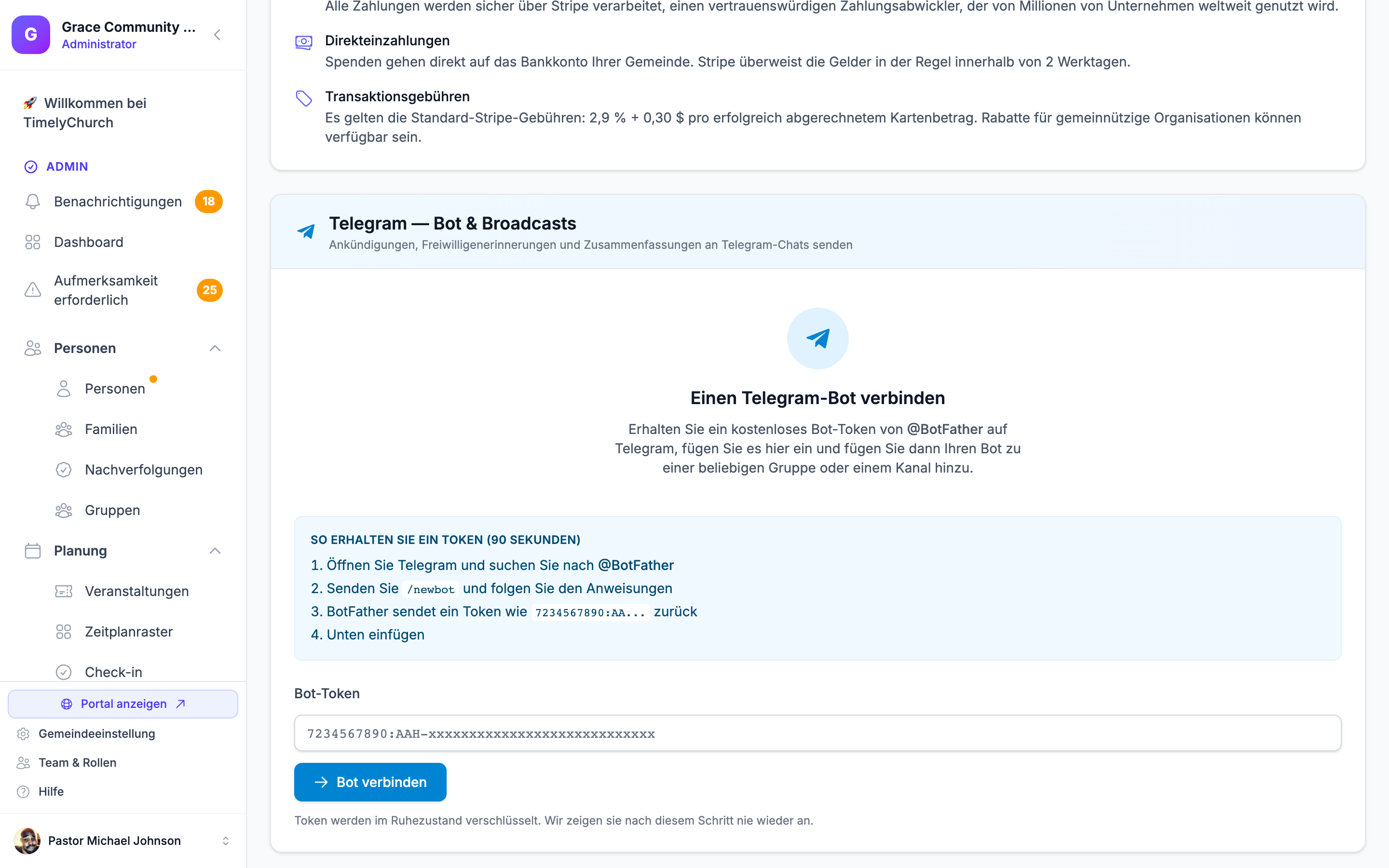 Telegram-Rundnachricht und Antwort-Einstellungen für Freiwillige in TimelyChurch