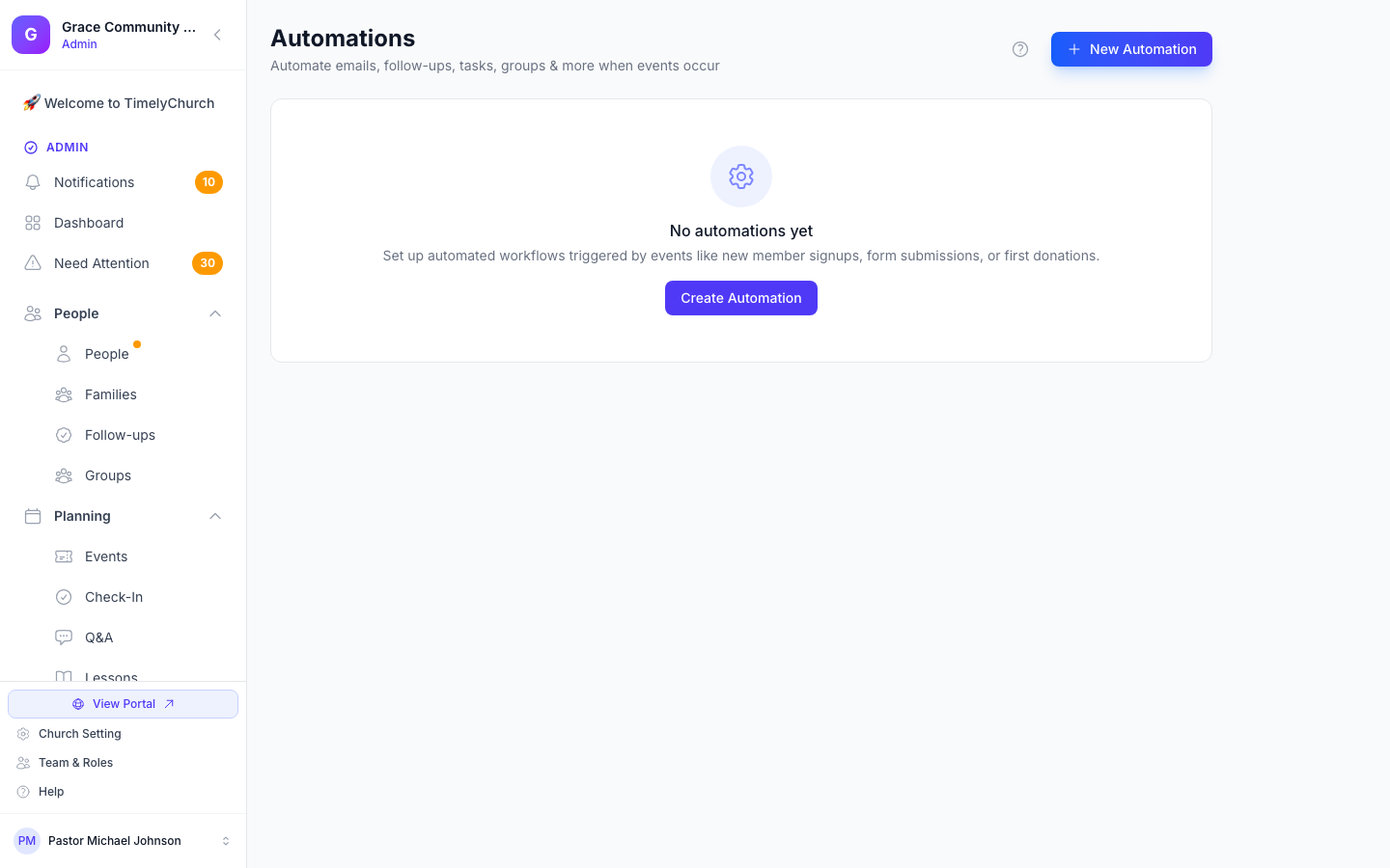 Editor de automatizaciones de correo con secuencias por activadores en TimelyChurch