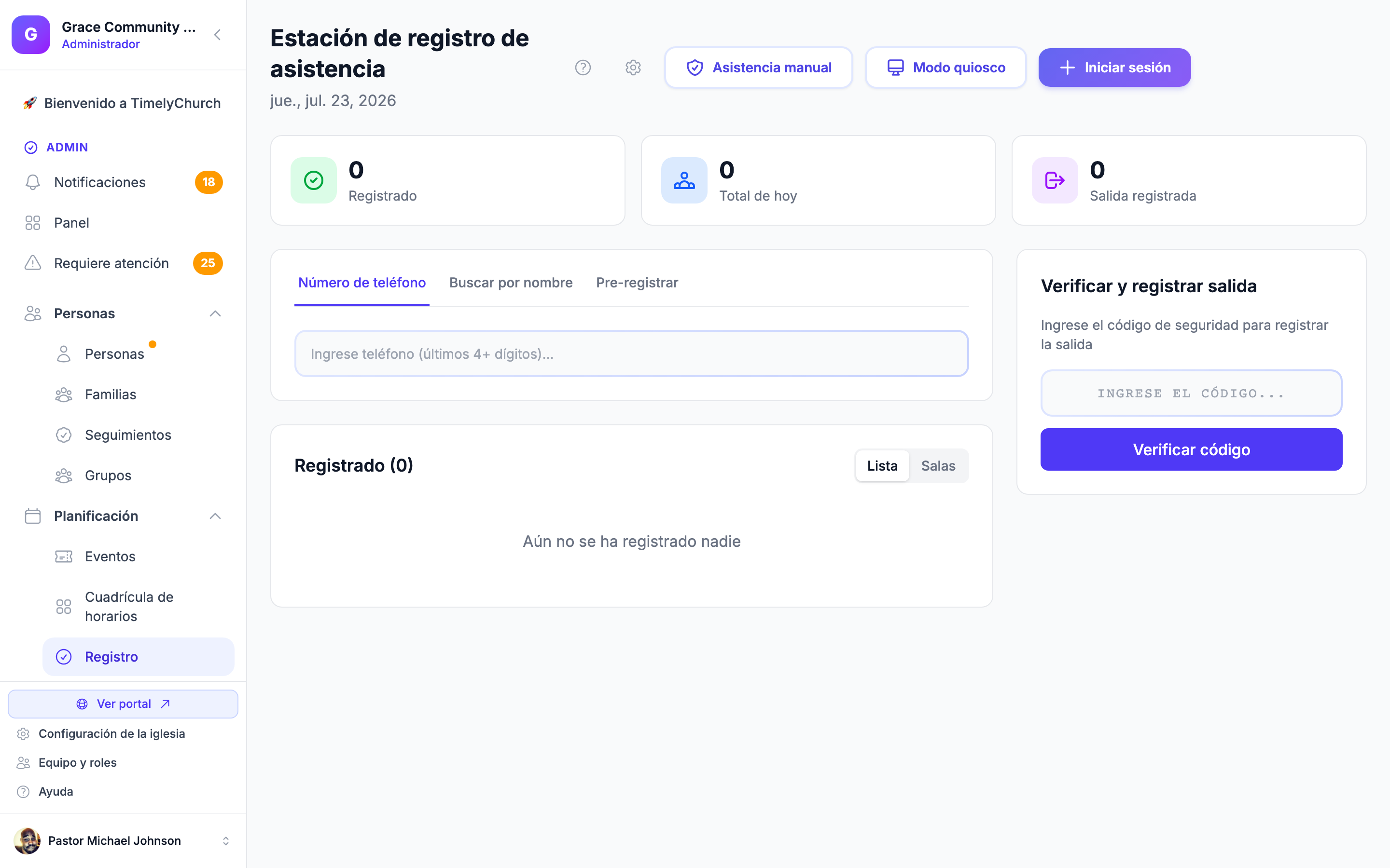 Pantalla de check-in infantil de TimelyChurch con coincidencia segura de tutor y retiro