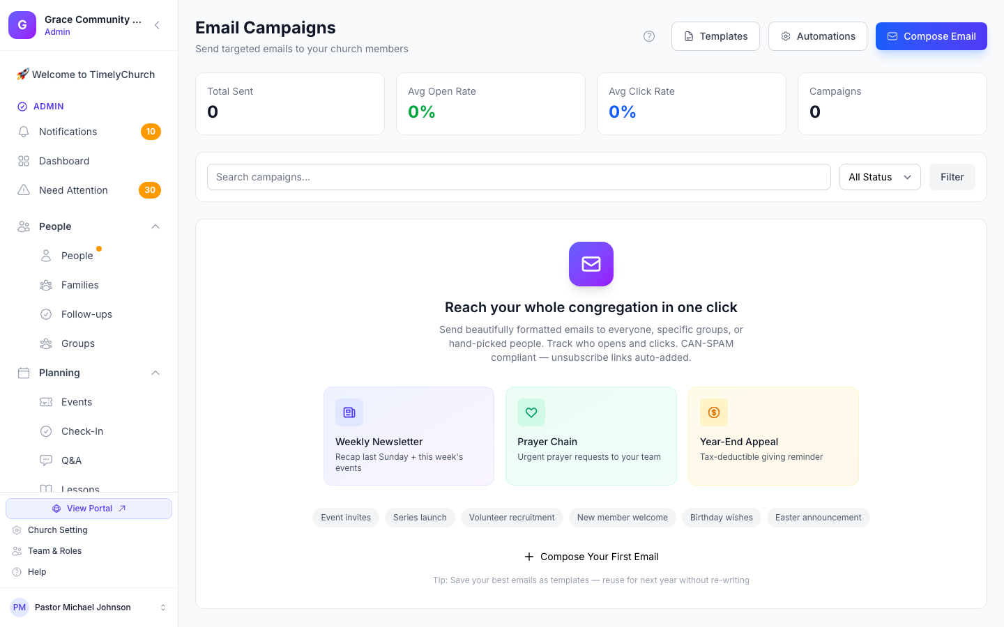 Editor de campañas de correo y vista de lista en TimelyChurch