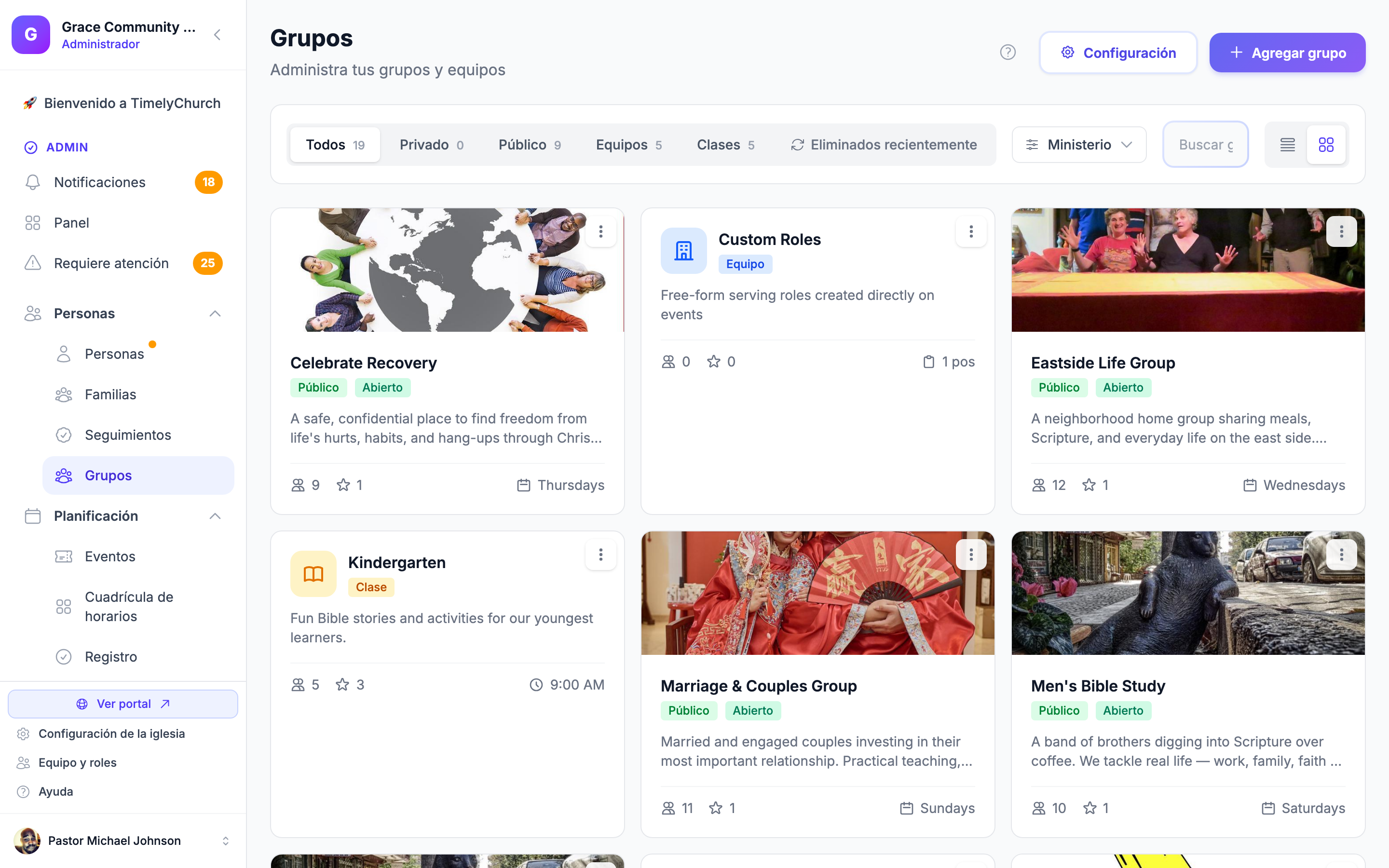 Gestión de grupos pequeños en TimelyChurch: lista de grupos activos con miembros, horarios y herramientas para líderes
