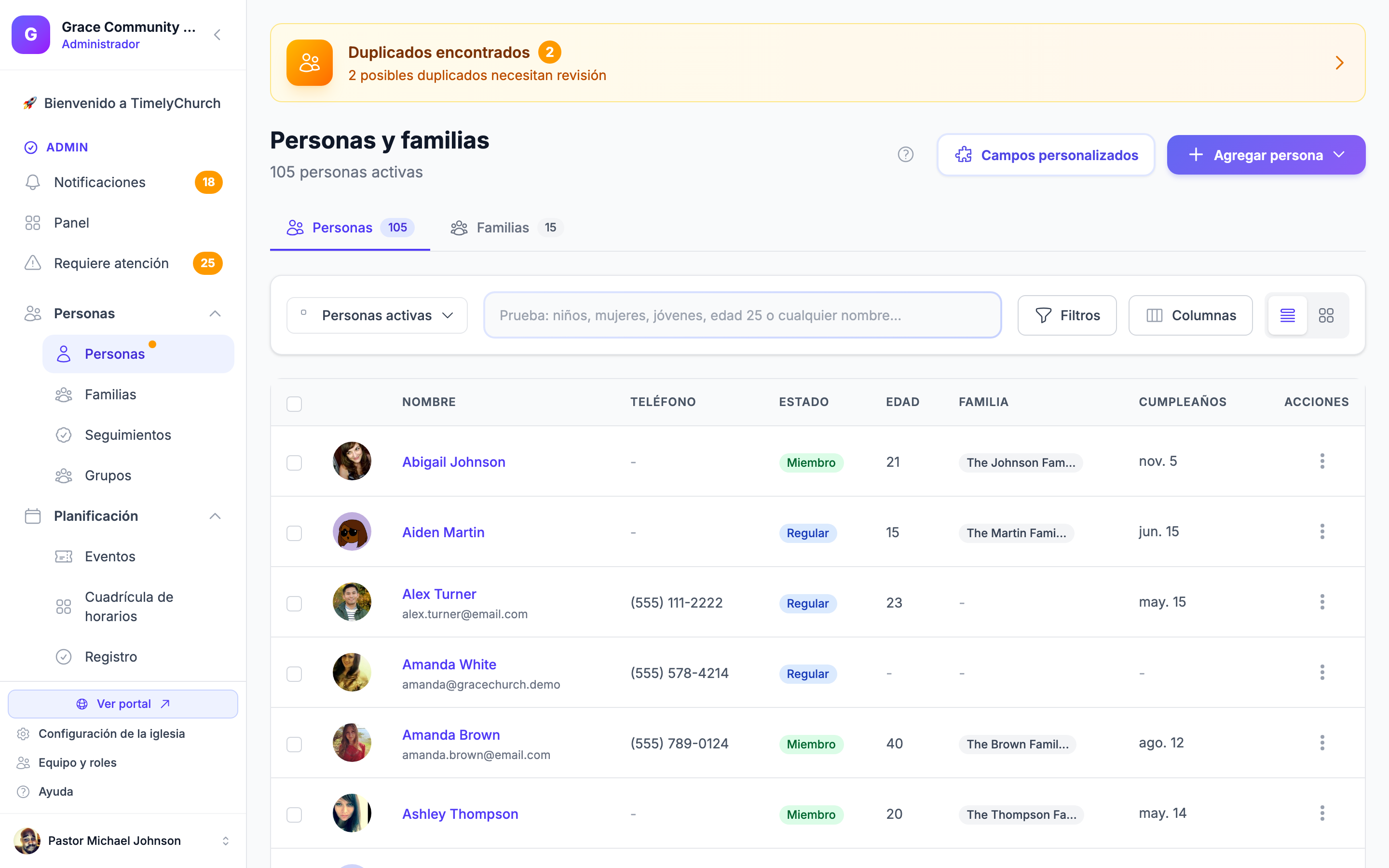 Directorio de personas de TimelyChurch con lista de miembros, familias, búsqueda y perfiles