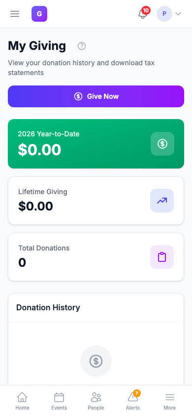 Pantalla Mis Donaciones de un miembro en un teléfono con un botón Donar ahora, totales de donaciones del año y de toda la vida, número total de donaciones y una lista del historial de donaciones