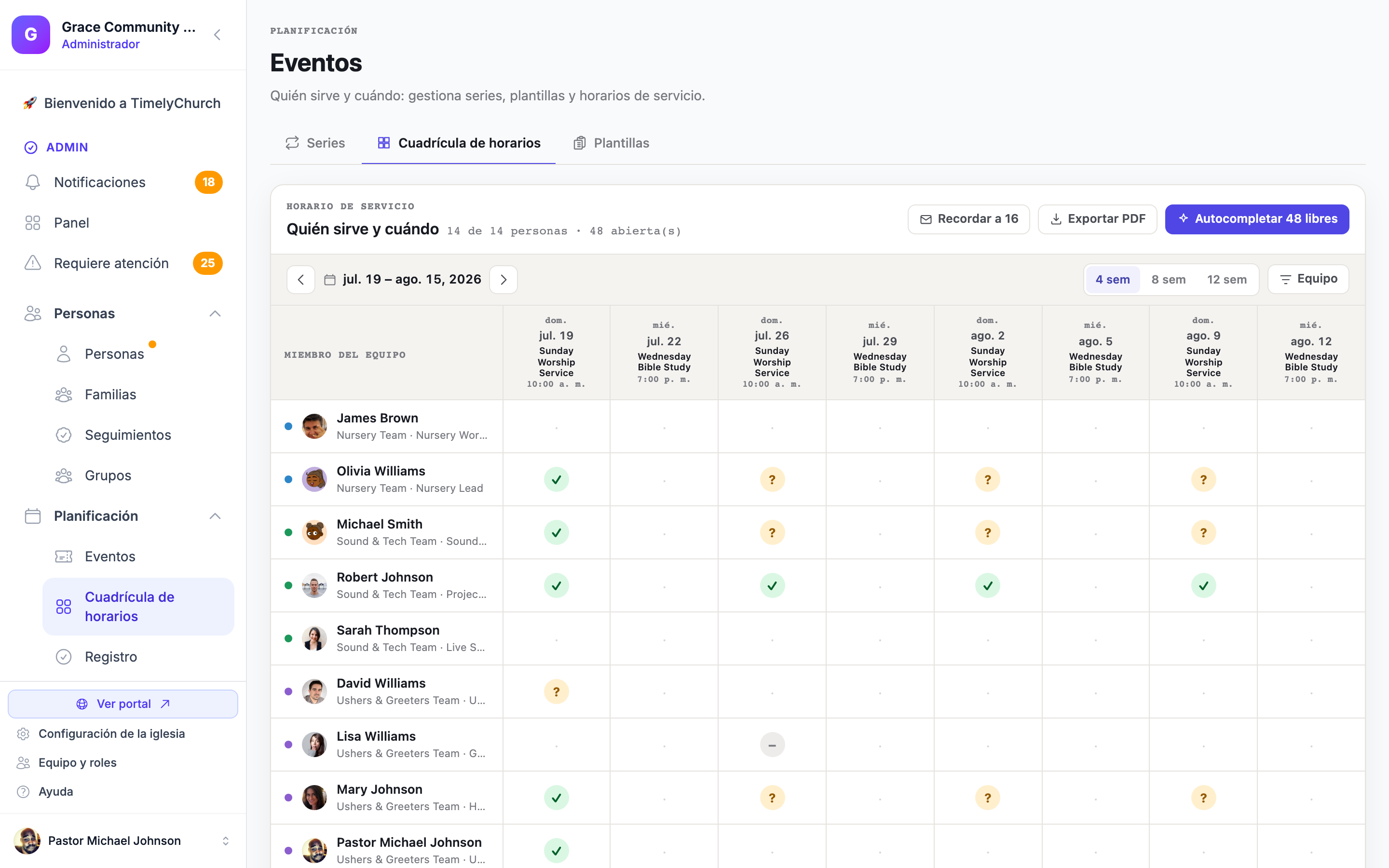 Cuadrícula de Horarios de TimelyChurch con un mes de turnos de servicio por equipos y estados confirmado, rechazado y pendiente