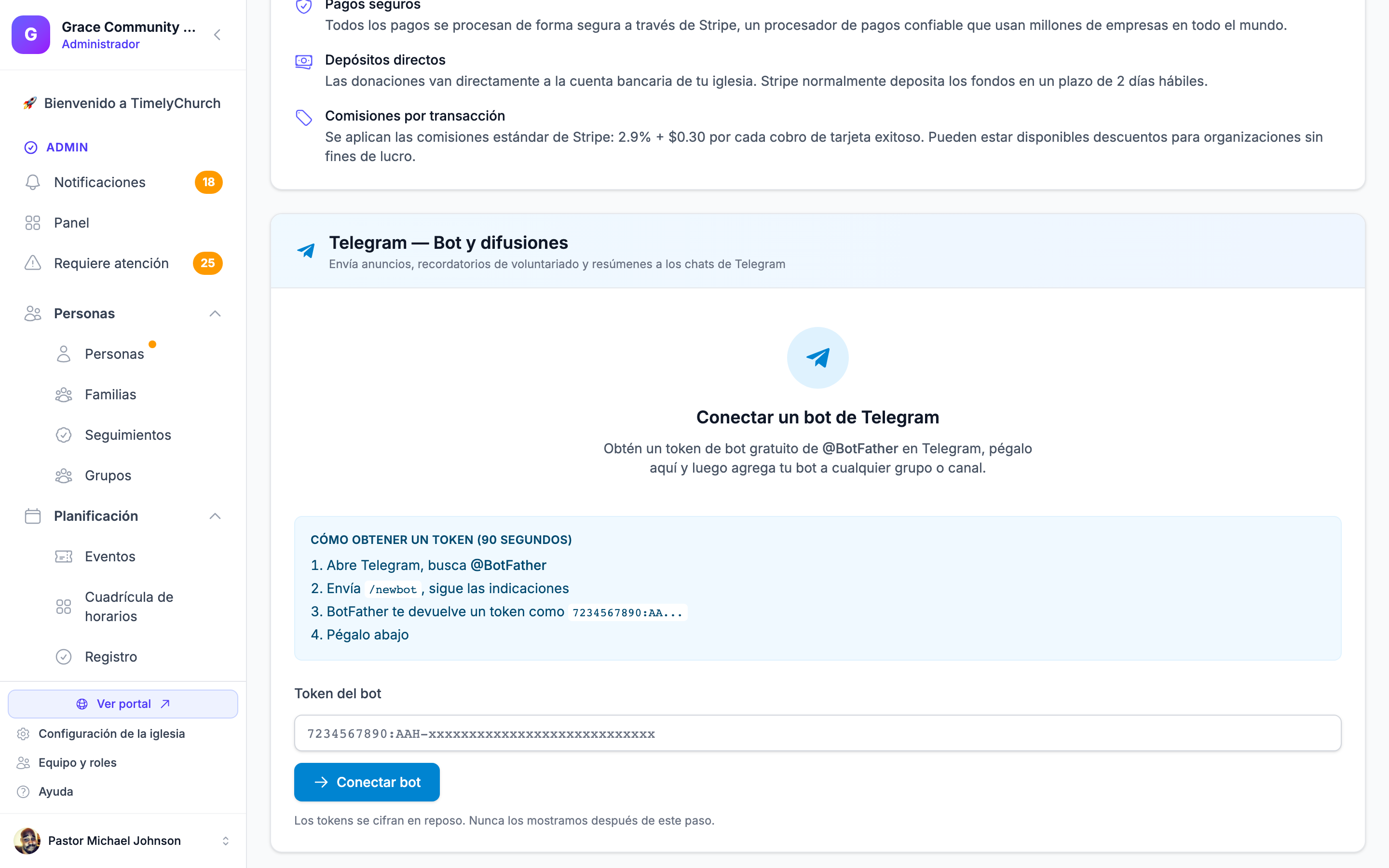 Pantalla de configuración de la integración de Telegram en TimelyChurch con opciones de bot y difusiones