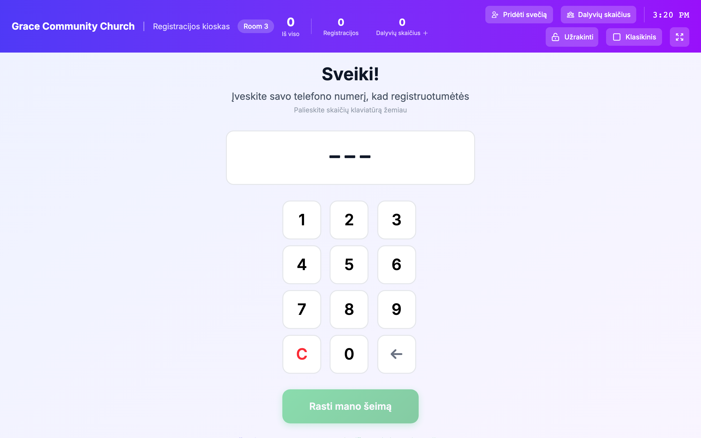 TimelyChurch registracijos kioskas, kuriame šeimos registruojasi telefono numeriu