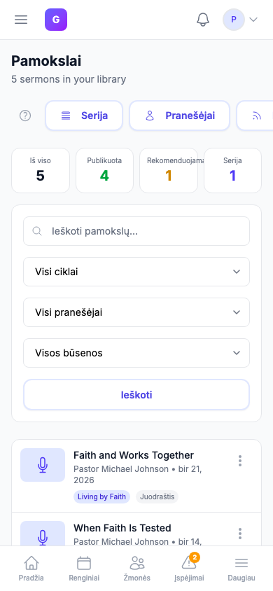 Pamokslo garso grotuvas mobiliajame įrenginyje, rodantis įkėlimo ir YouTube įterpimo galimybes