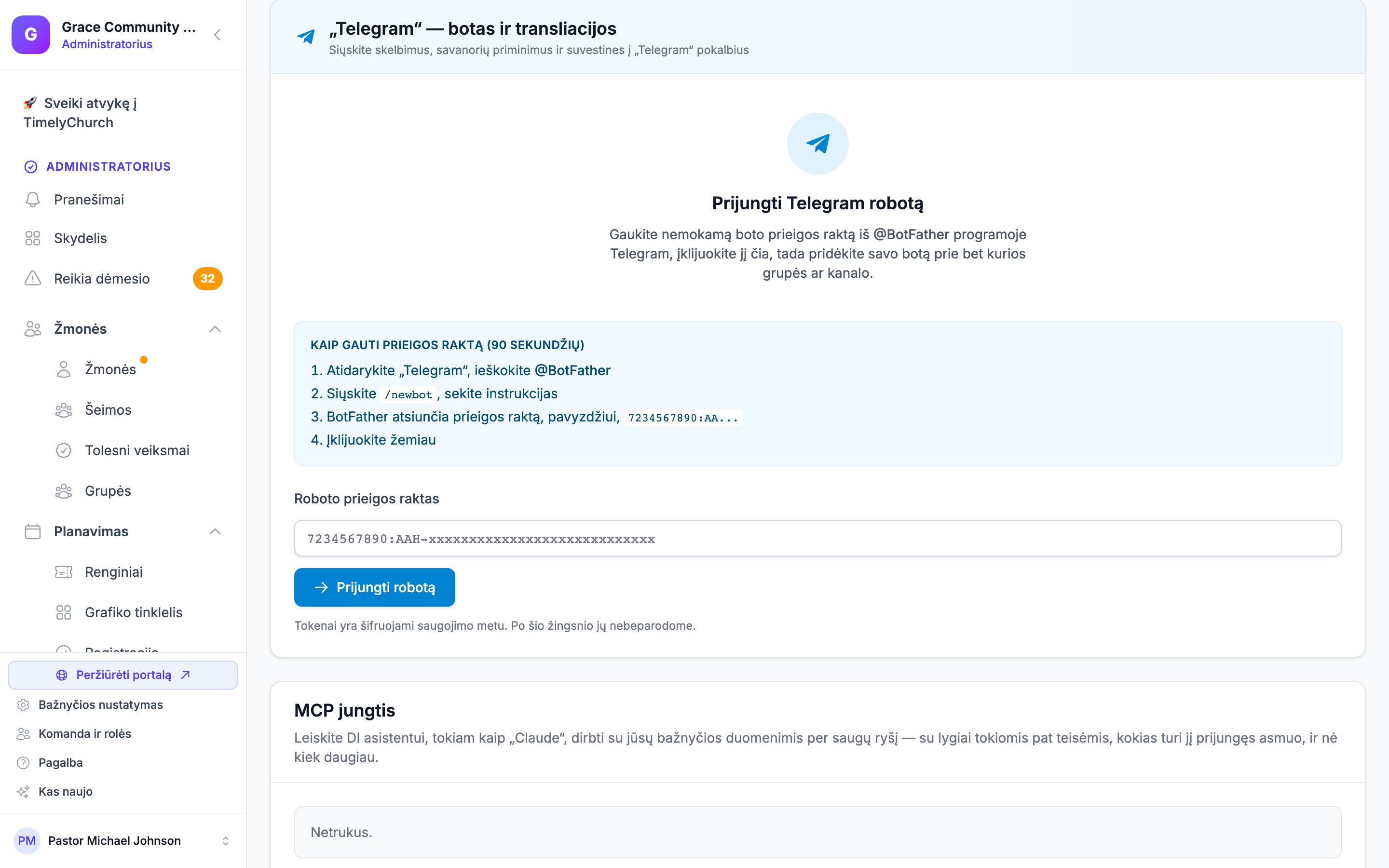 Telegram transliavimo ir savanorių atsakymų nustatymai TimelyChurch