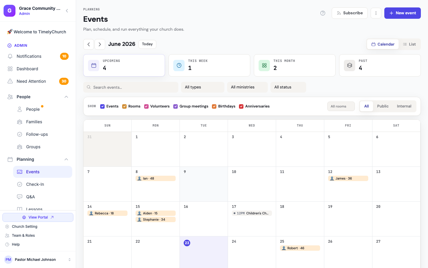 Central de eventos do TimelyChurch: visualização de calendário com próximos eventos, vagas de voluntários e inscrições