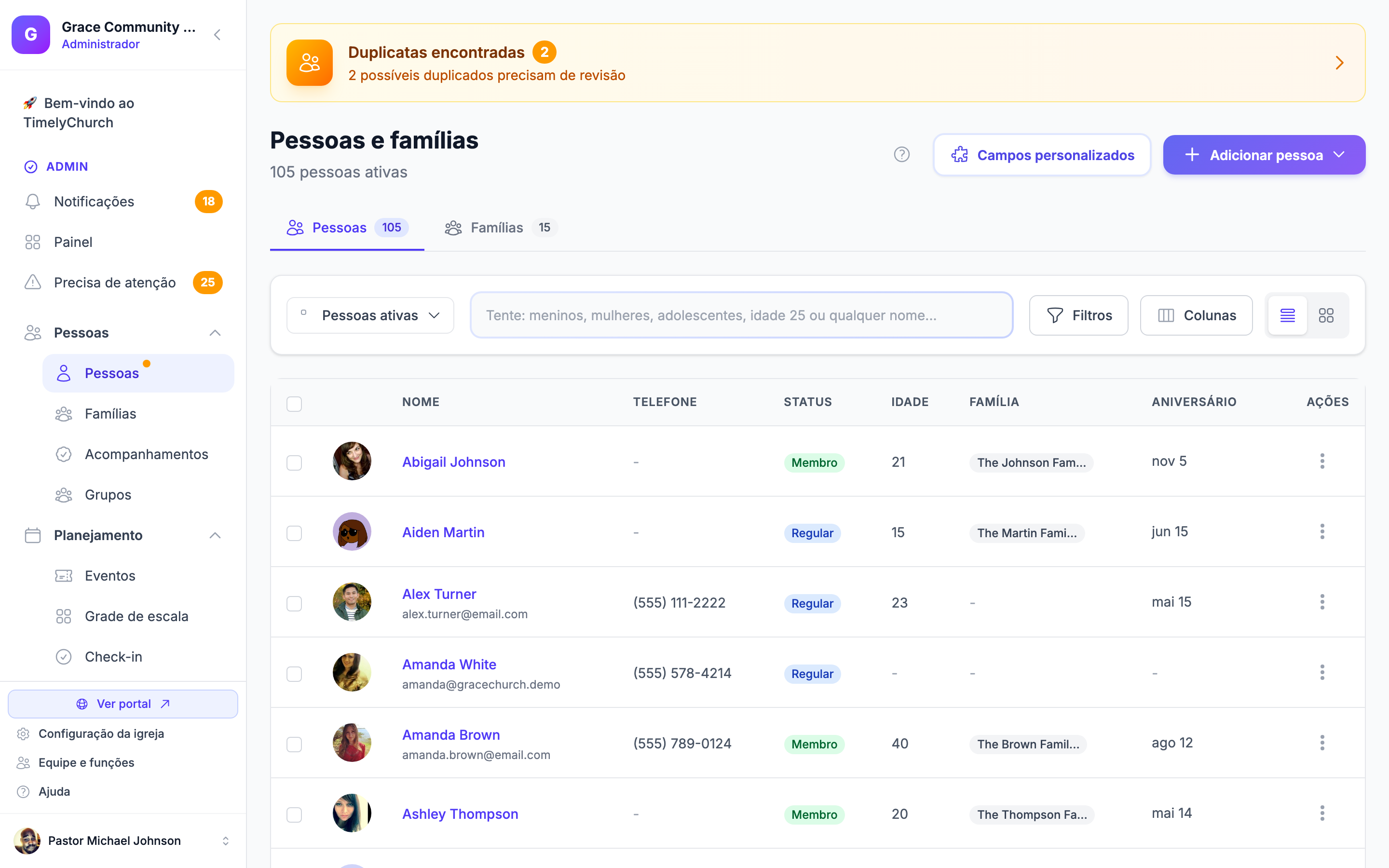 Diretório de pessoas do TimelyChurch com lista de membros, famílias, busca e perfis
