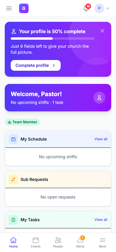 Tela inicial do portal do membro TimelyChurch em um celular com banner de conclusão de perfil, cartão de boas-vindas, Minha Escala, Pedidos de Substituição, Minhas Tarefas e barra de navegação inferior