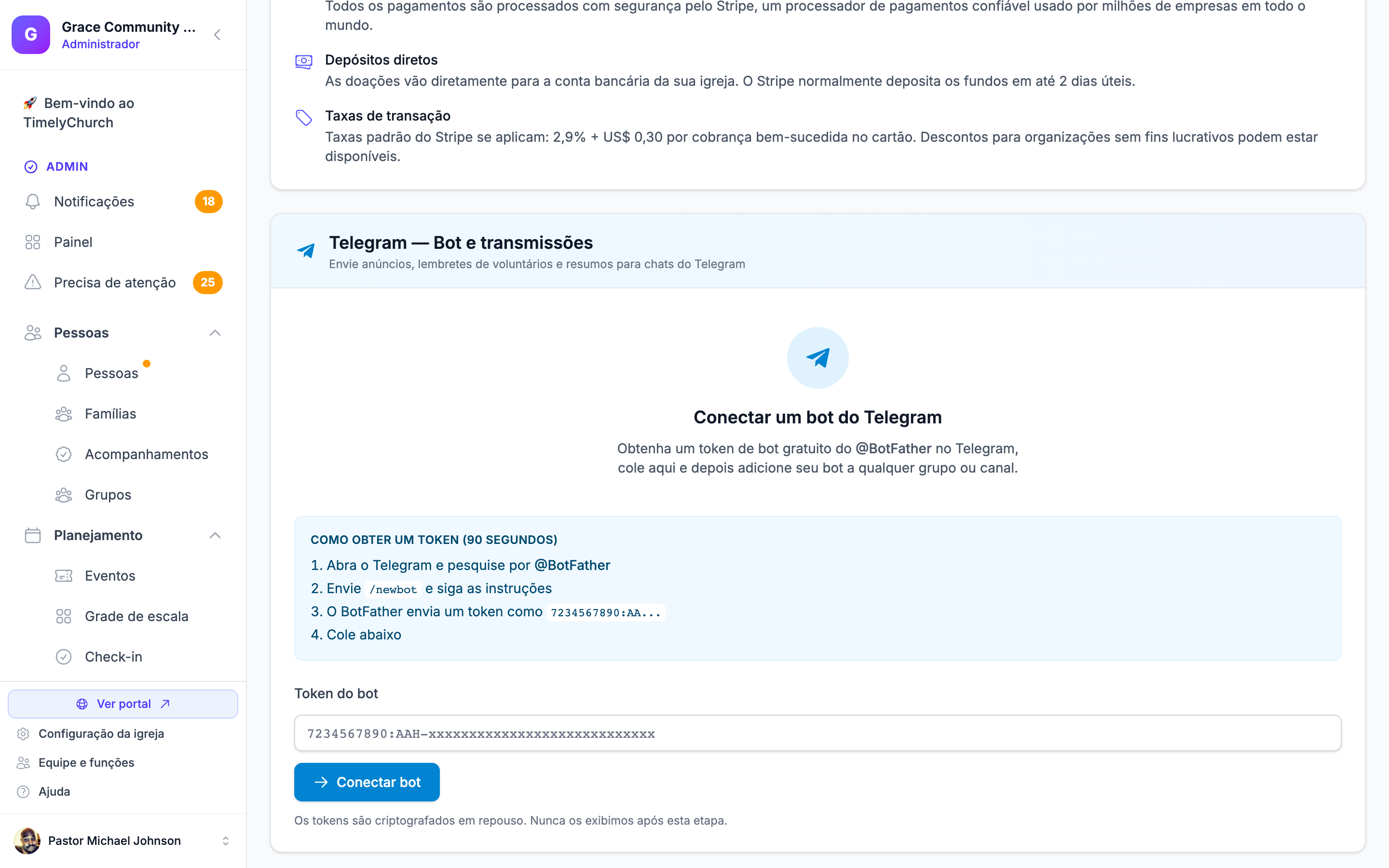 Tela de configurações da integração do Telegram no TimelyChurch mostrando a configuração do bot e as opções de transmissão