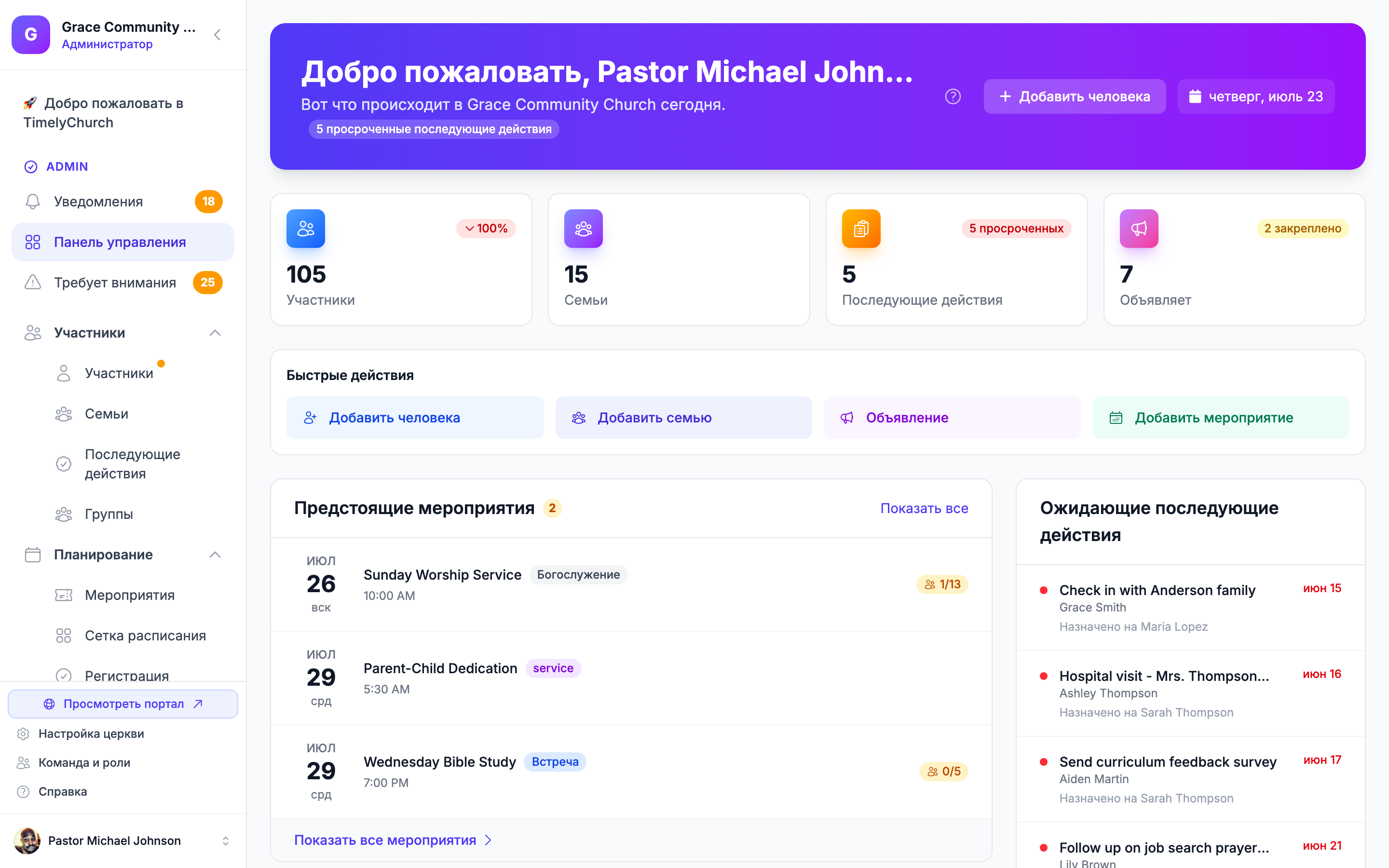 Панель TimelyChurch с посещаемостью, сводкой пожертвований, ближайшими событиями и последующими шагами растущей церкви