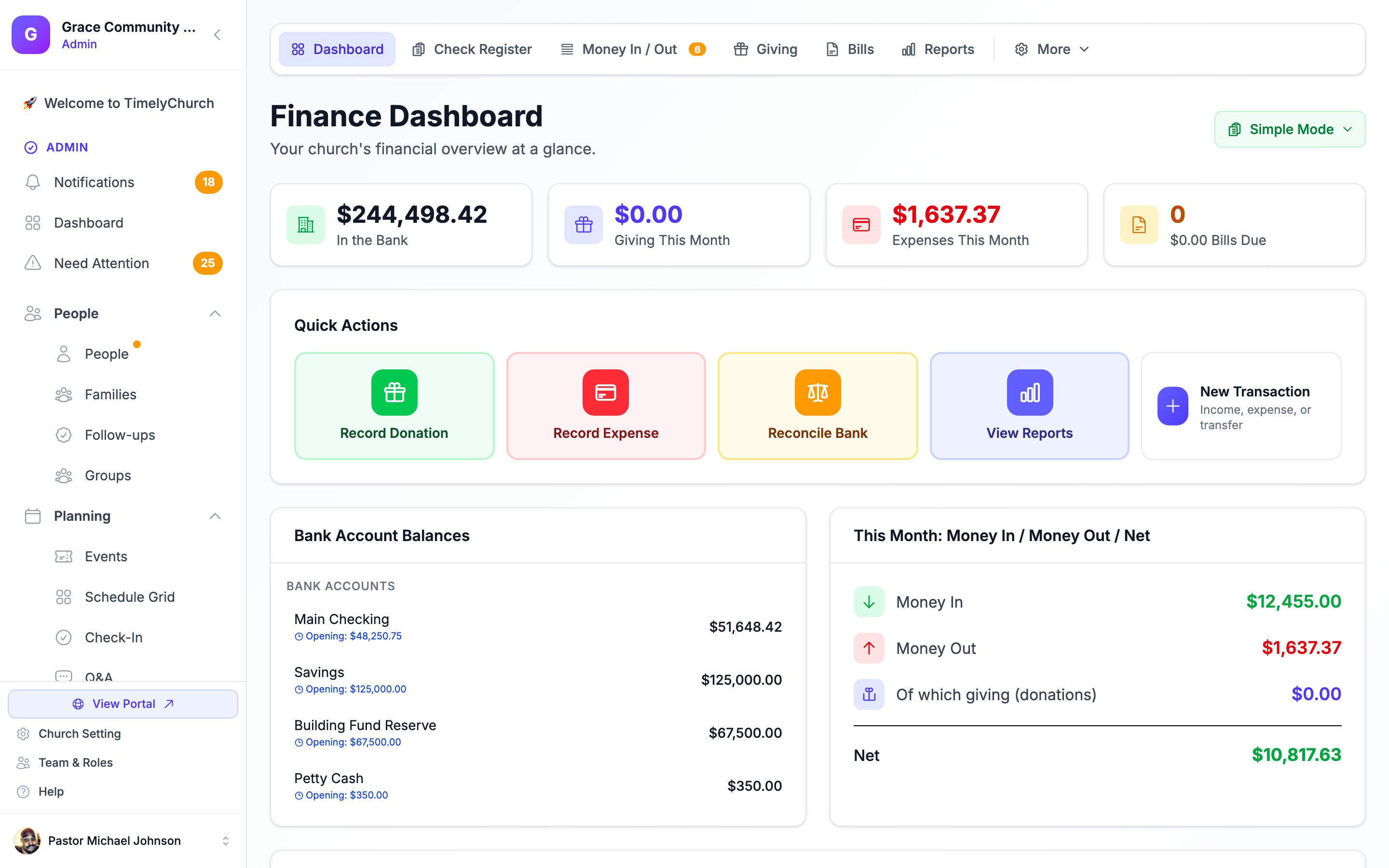 TimelyChurch built-in double-entry accounting ledger with fund balances and financial statements