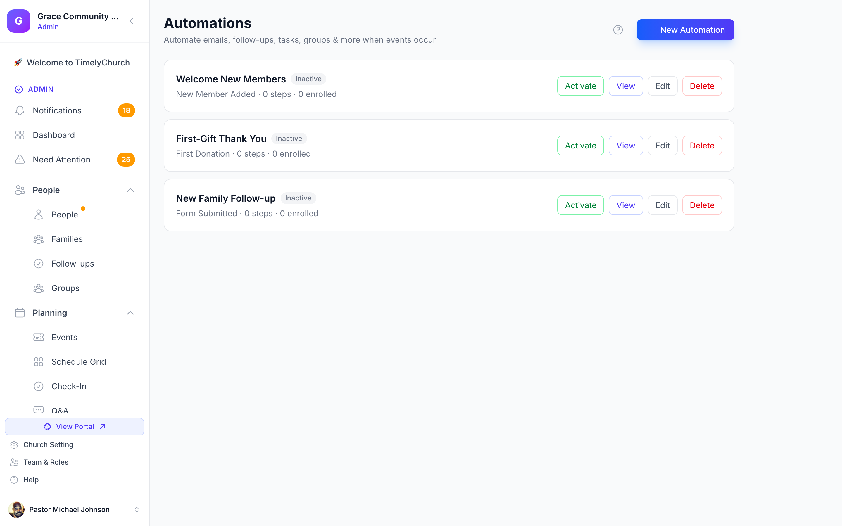 Email automations builder showing trigger-based drip sequences in TimelyChurch
