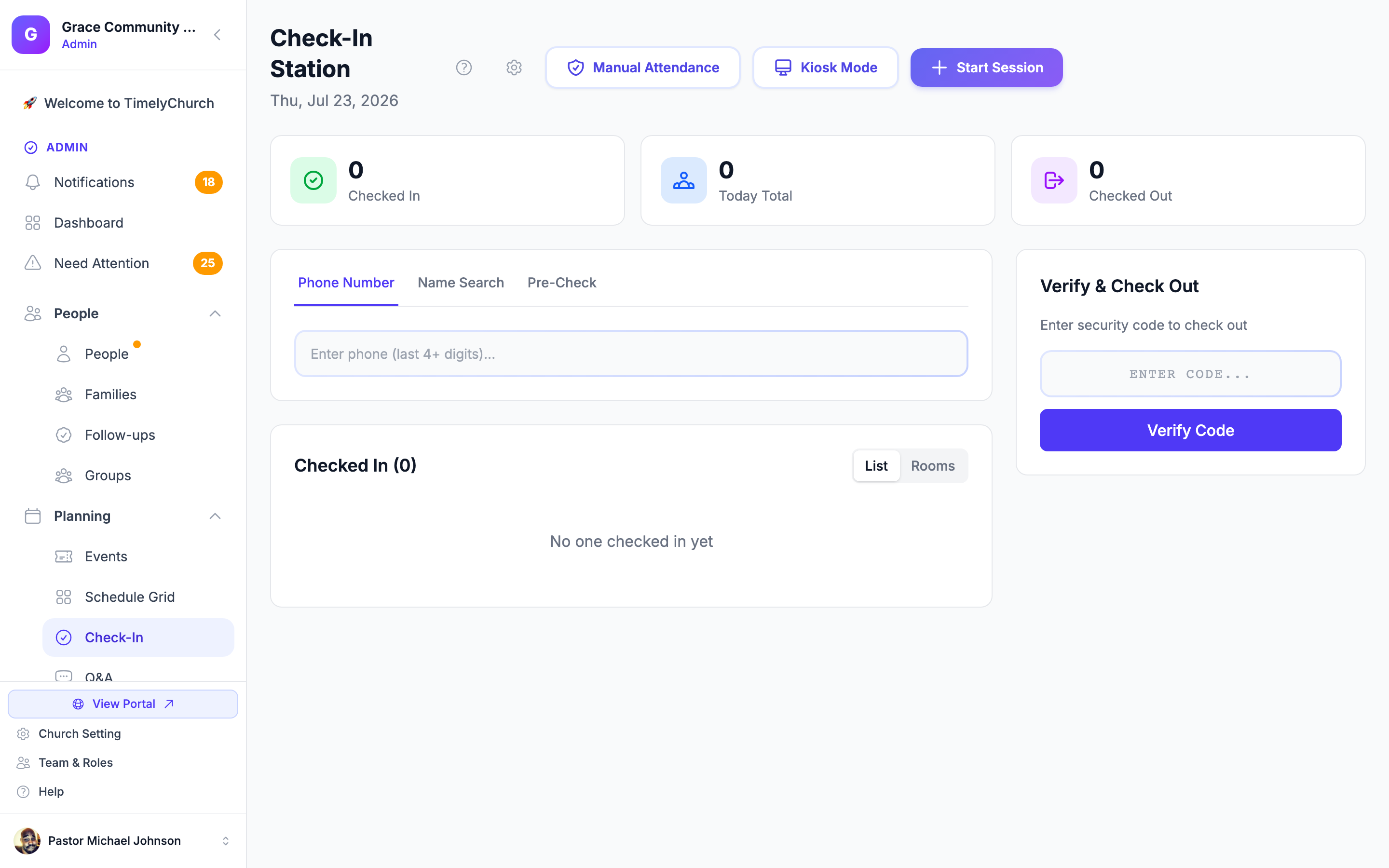 TimelyChurch child check-in screen with secure guardian matching and pickup