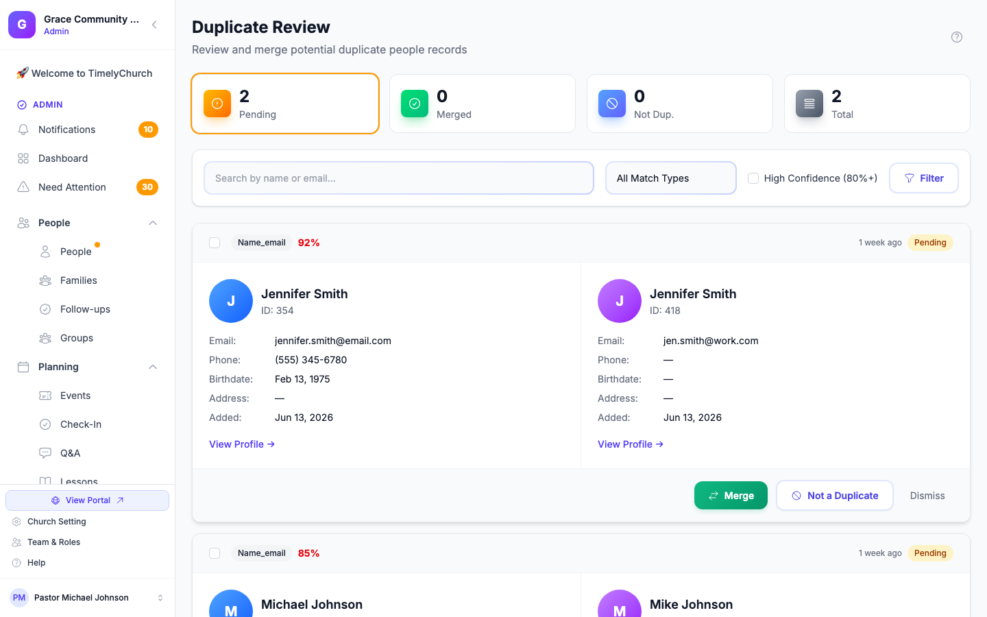 TimelyChurch duplicate review screen showing two person records side by side with merge options