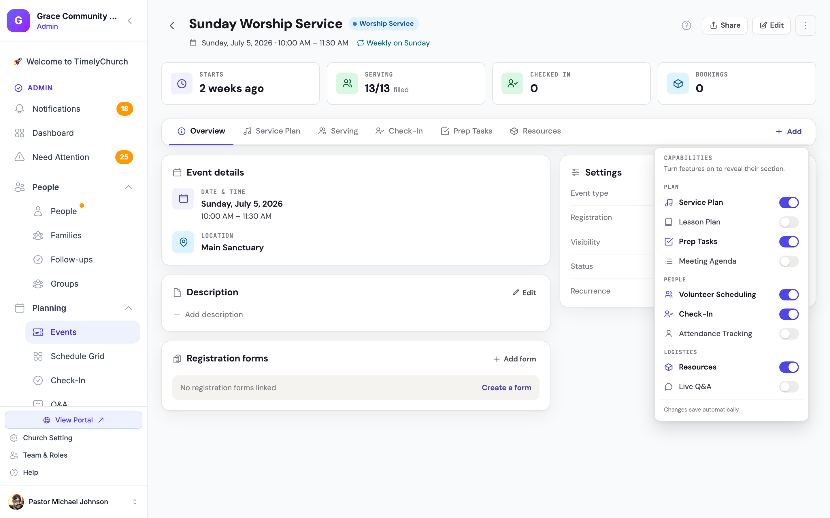 Event hub showing an event's details, volunteers, check-in, and related planning in one place