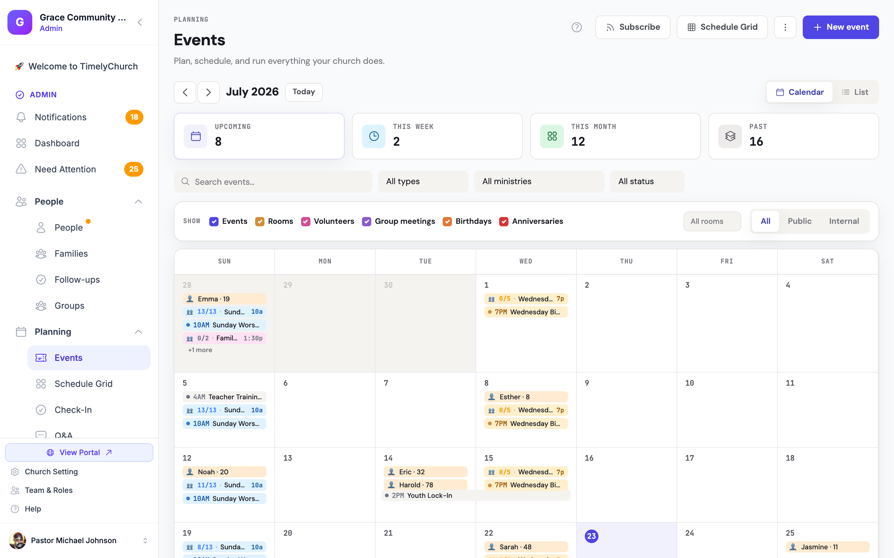 Events and calendar view in TimelyChurch showing upcoming ministry events, registrations, and scheduling