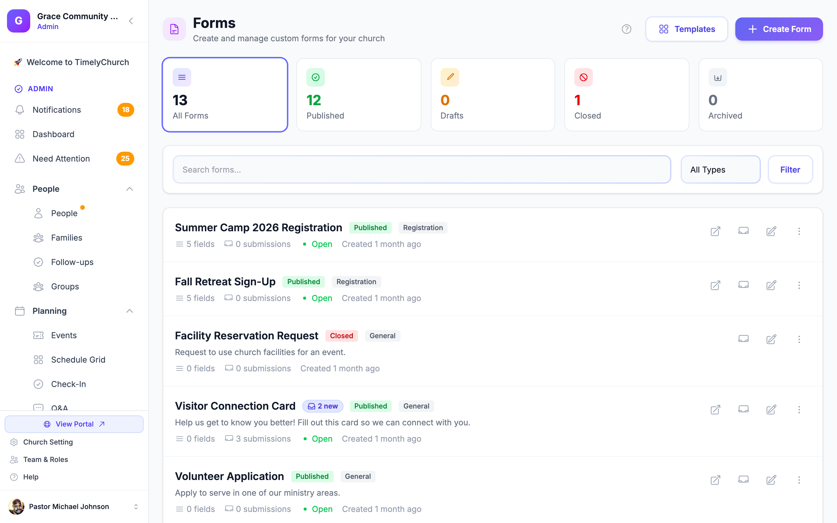 TimelyChurch forms builder showing church forms with submissions, statuses, and a Create Form button