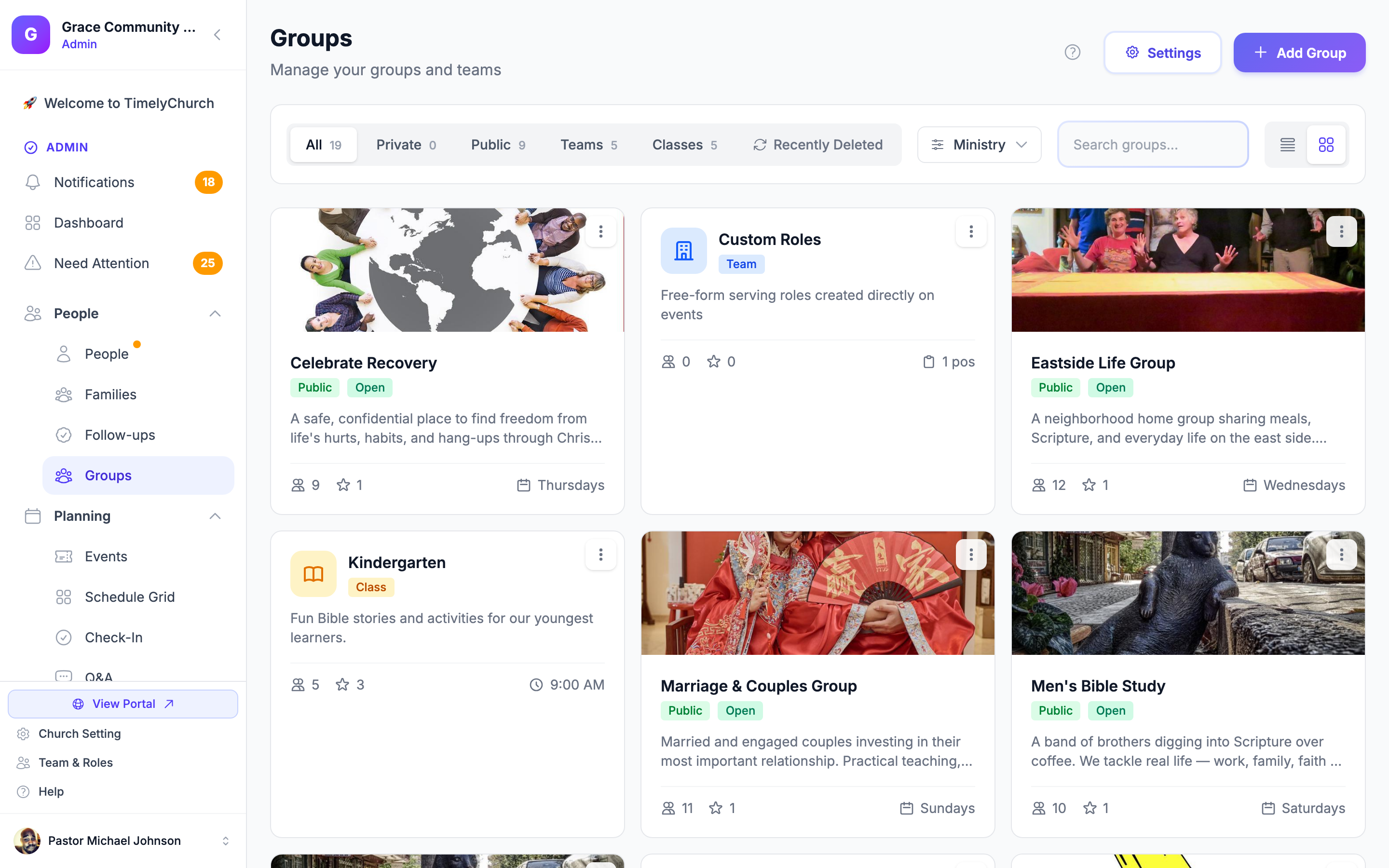 Groups list with members and attendance in TimelyChurch