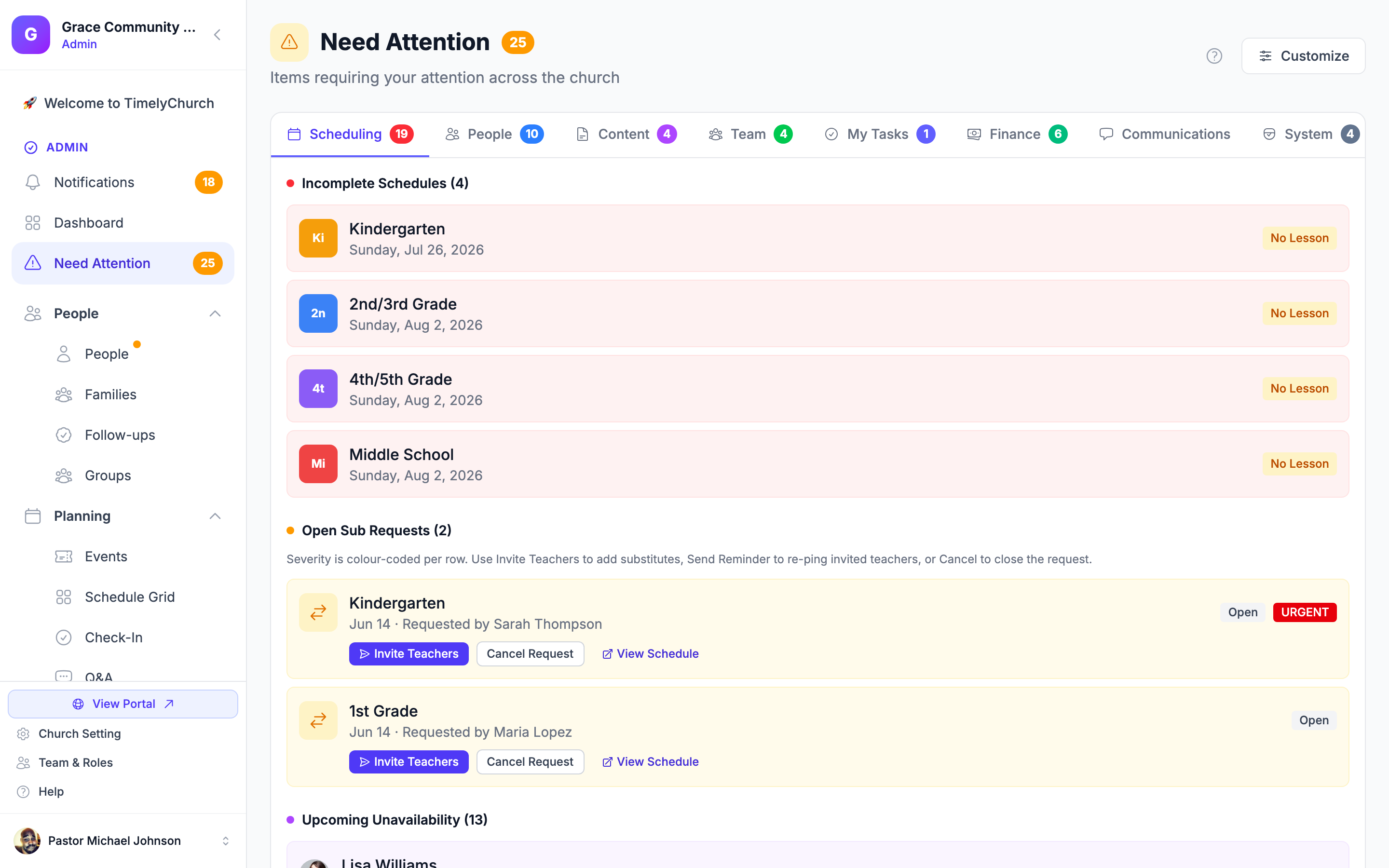 Needs-attention view listing open serving slots and sub requests for the next 30 days