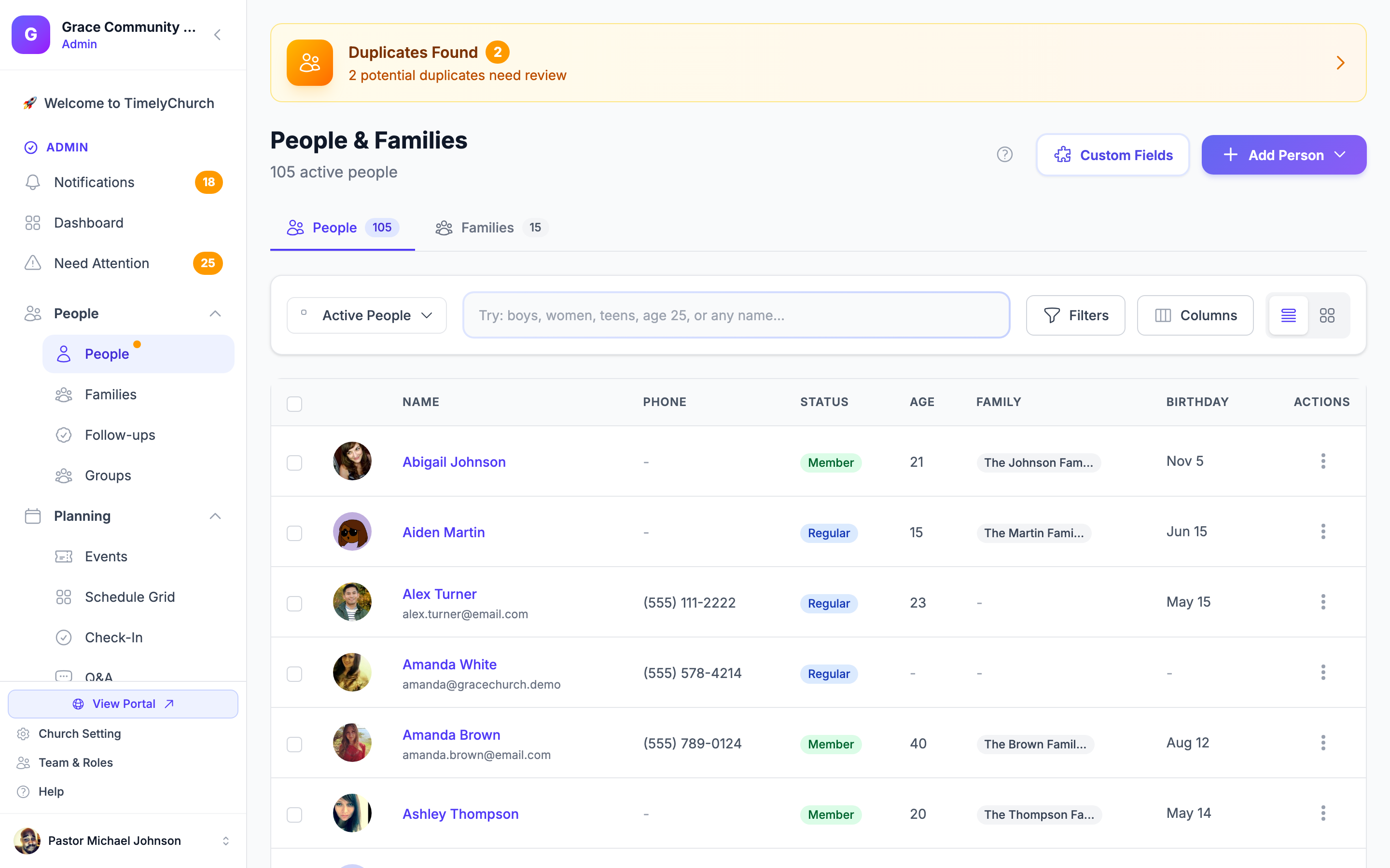 TimelyChurch people directory showing member list with search, filters, and family profiles