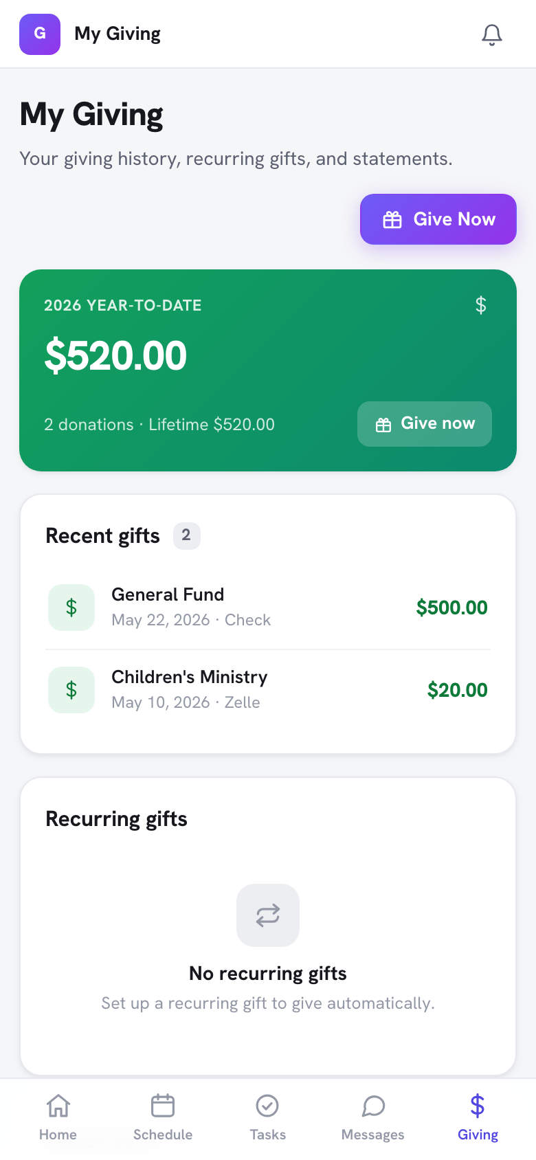 Member's My Giving screen on a phone showing a Give Now button, year-to-date and lifetime giving totals, total donations, and a donation-history list