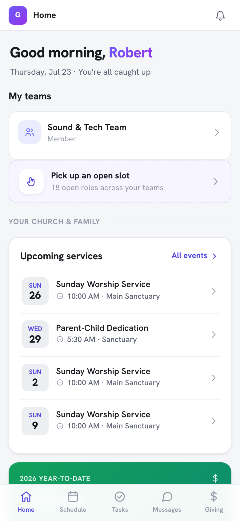 TimelyChurch member portal home on a phone — an installable web app members add to their home screen