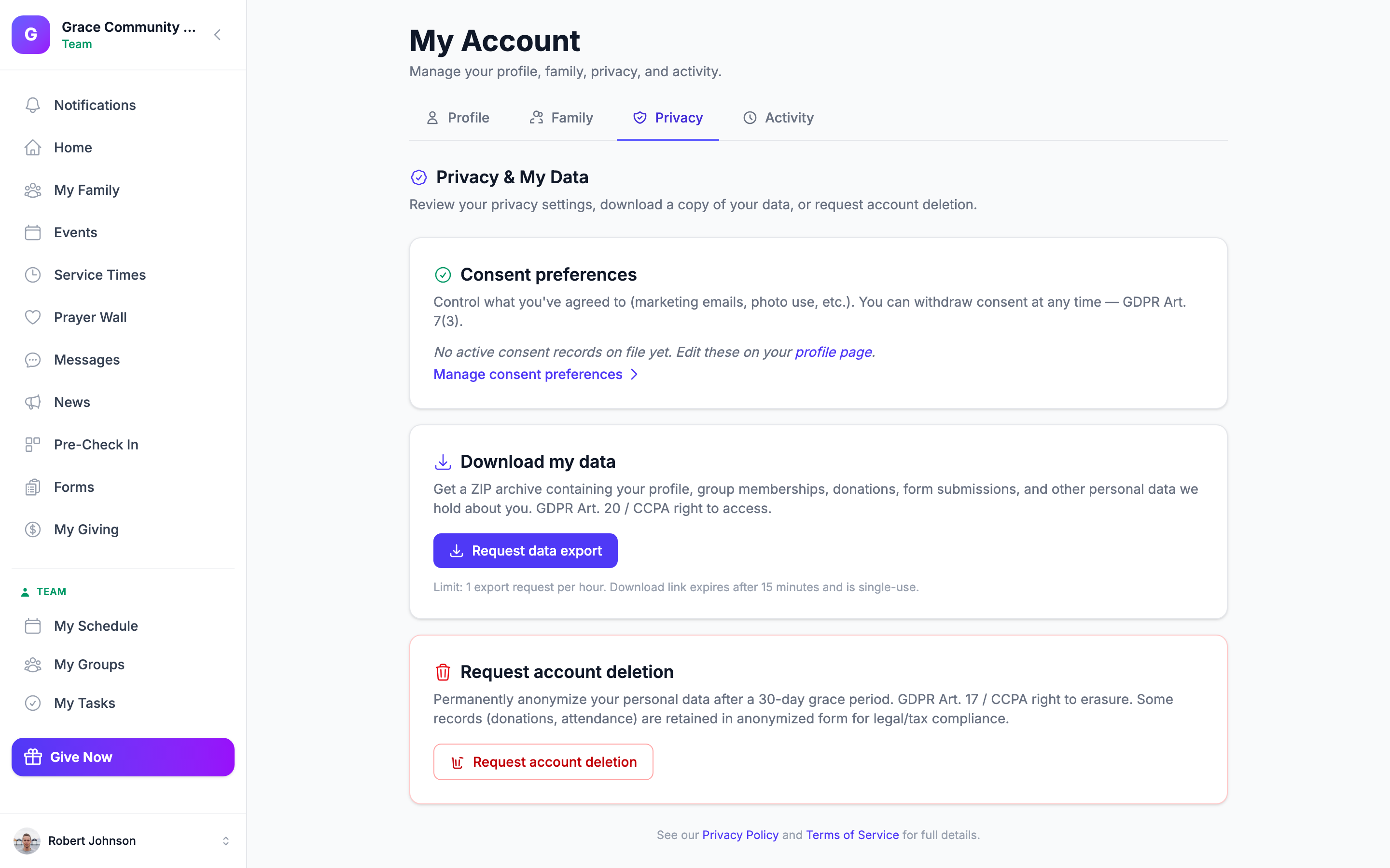 Member portal Privacy & Data screen showing Export My Data and Request Deletion buttons, a communication-consent checklist, and a privacy summary panel