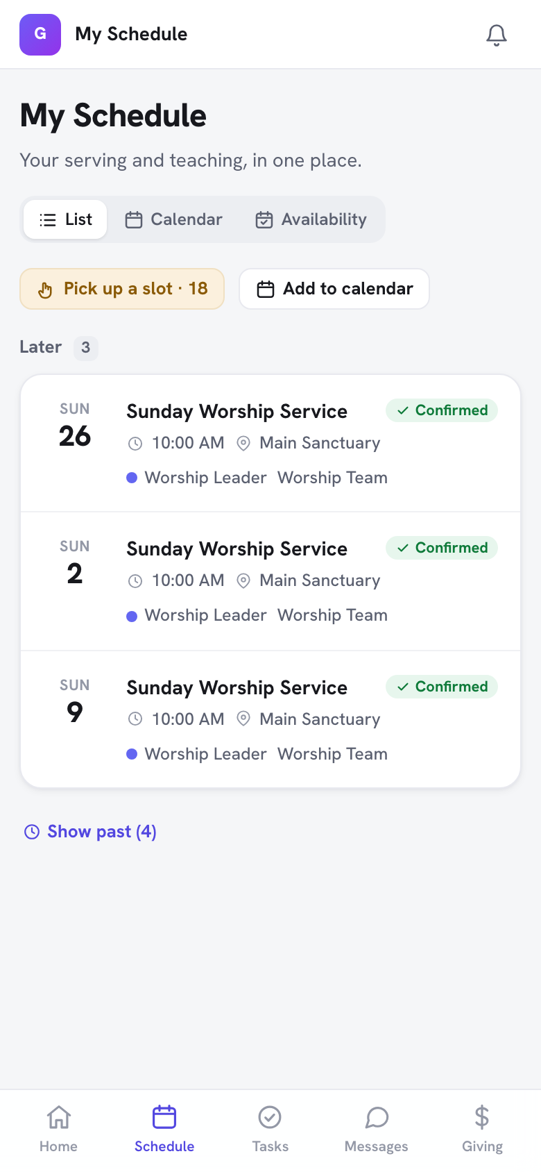 Member's My Serving Schedule on a phone with options to confirm, decline, or swap shifts, an Add to Calendar button, a Sign Up to Serve button, an Availability tab, and counts of upcoming, pending, and confirmed assignments