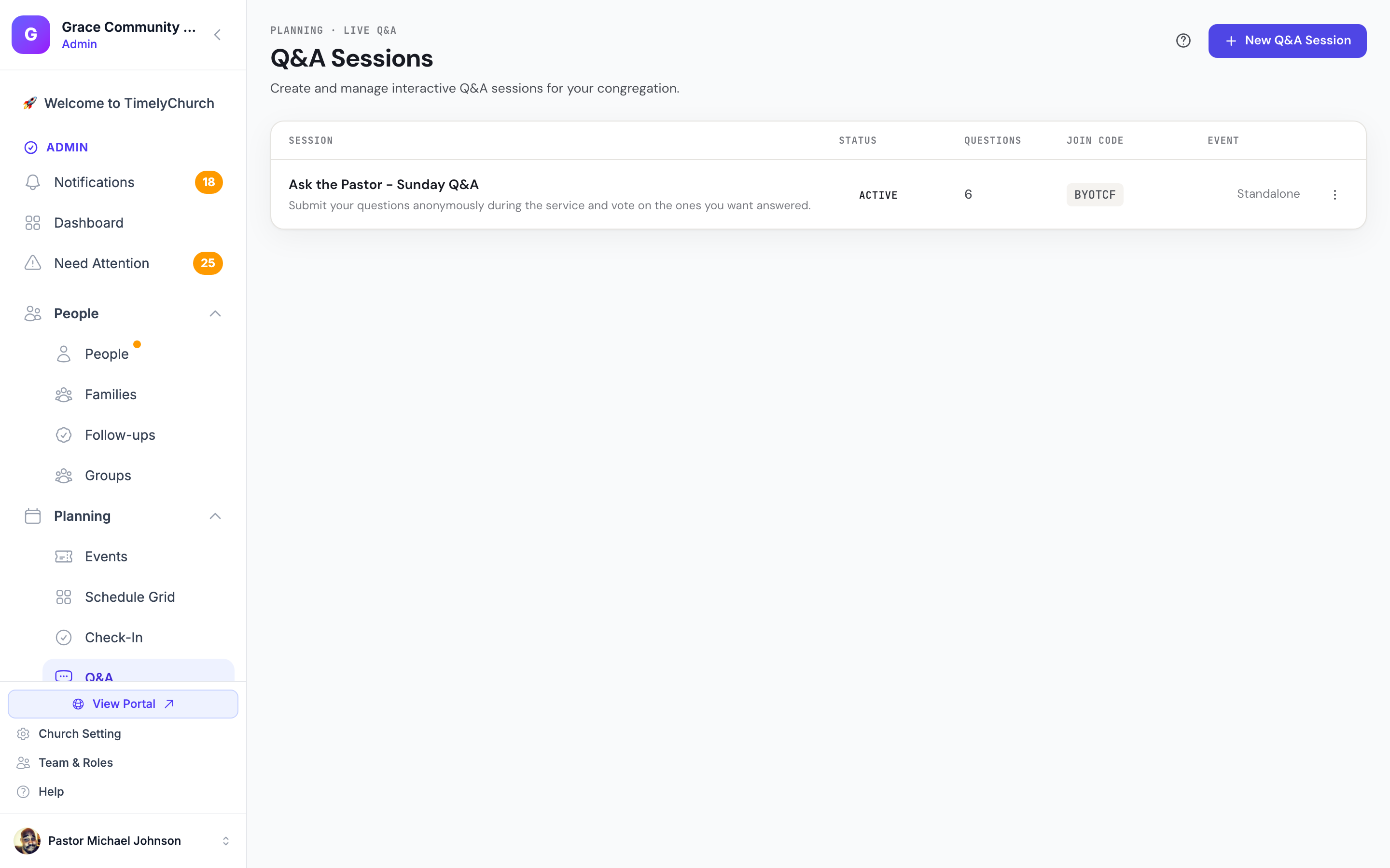 TimelyChurch live Q&A wall showing congregation questions and public answers