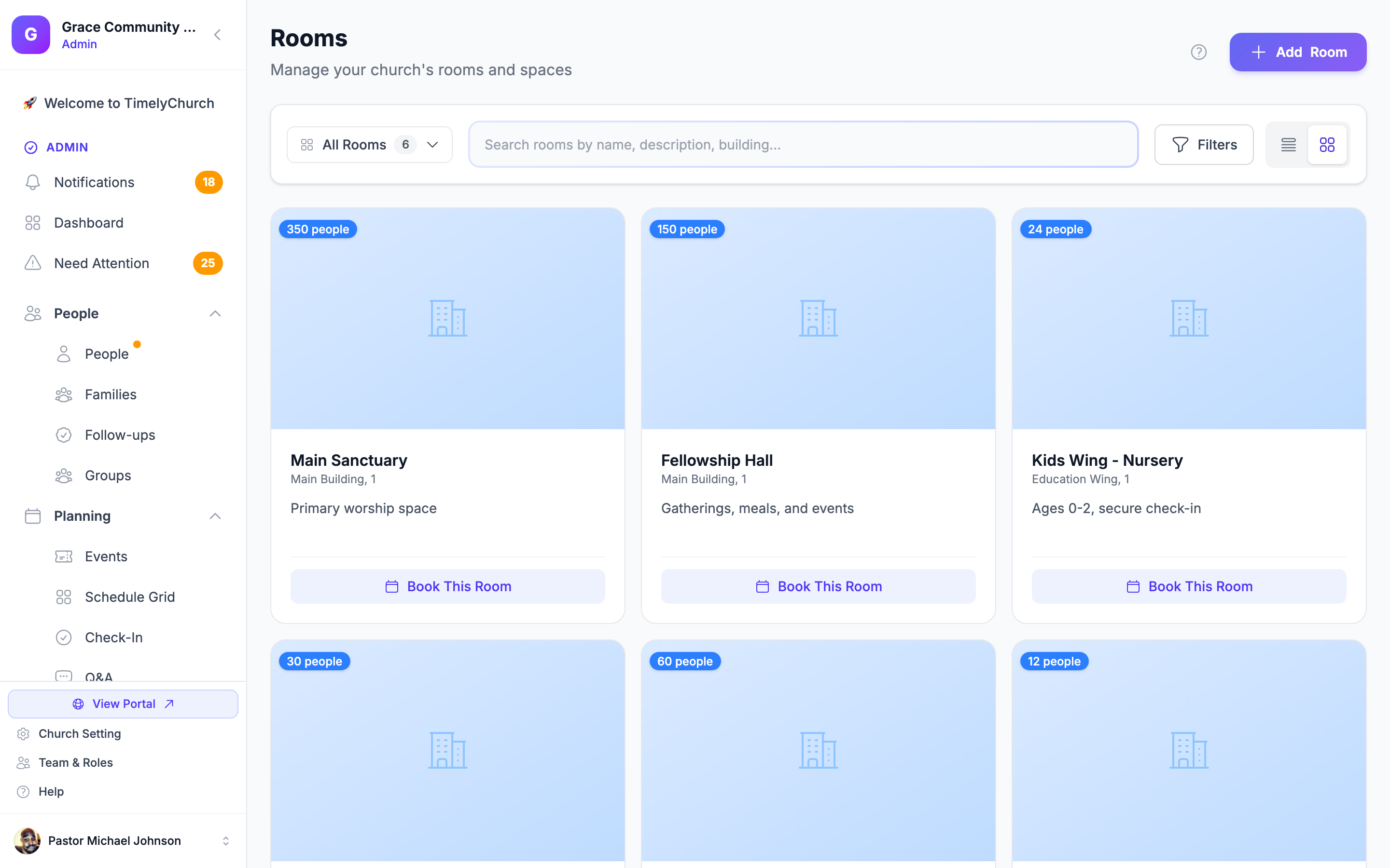 TimelyChurch room and resource booking — room availability calendar showing booked and open timeslots