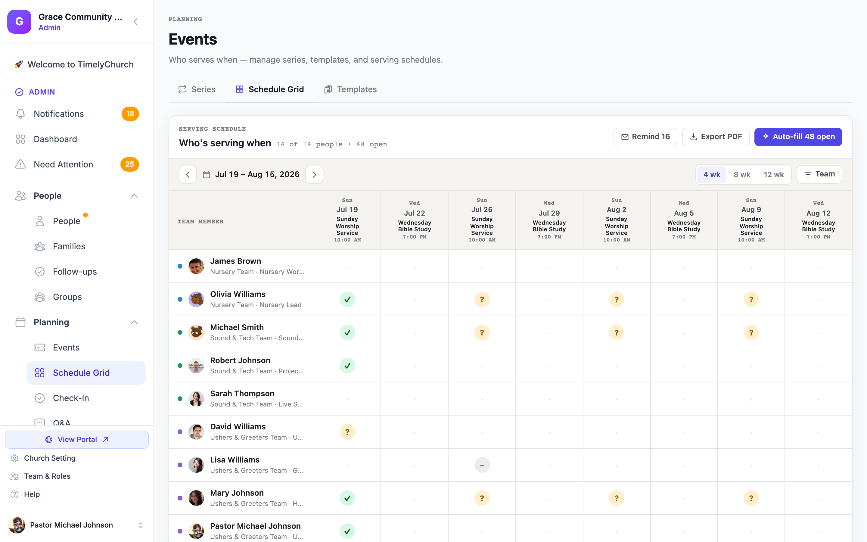 TimelyChurch volunteer schedule grid showing teams across weeks with auto-fill and Telegram confirmations