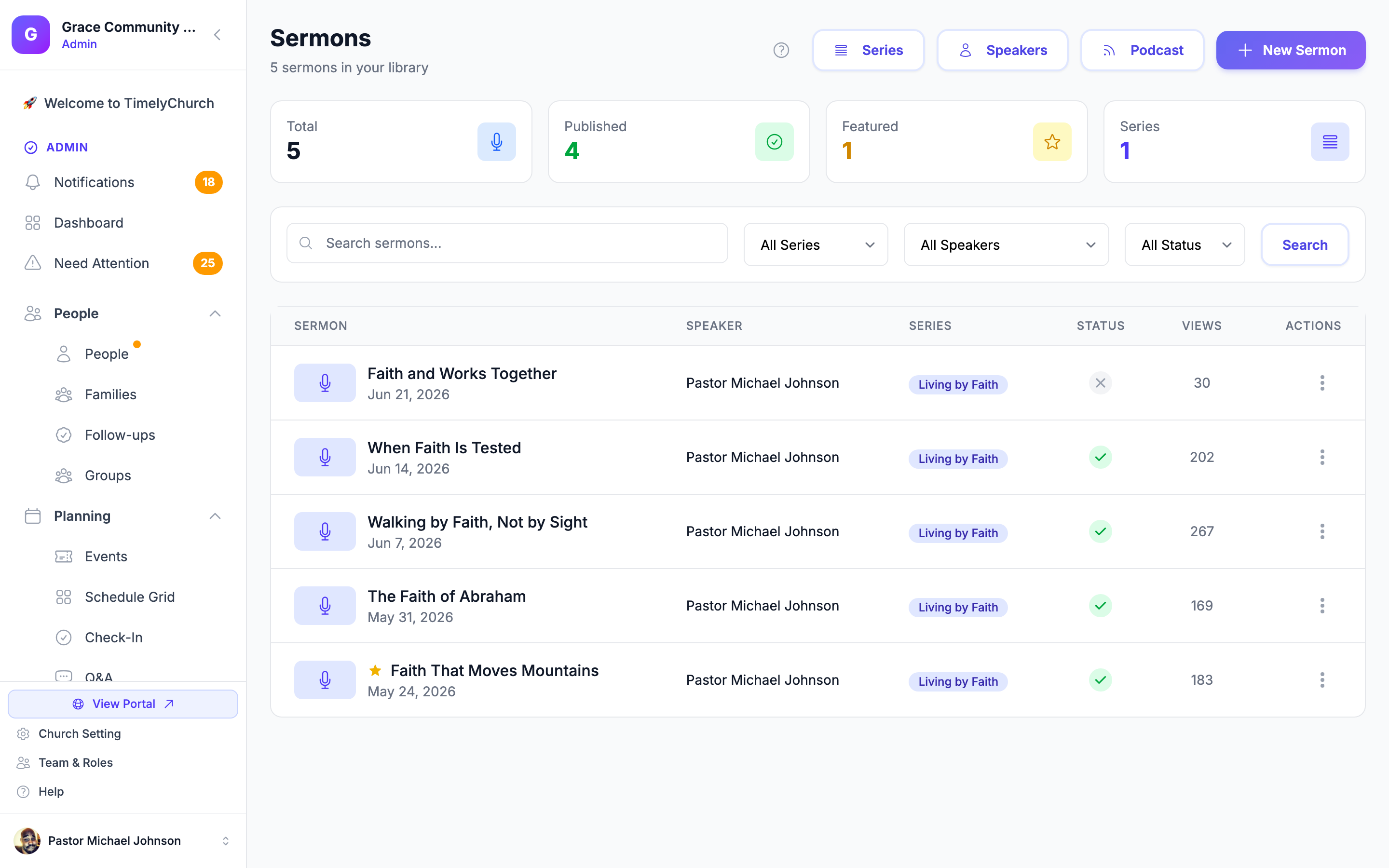 TimelyChurch sermon library showing series, speakers, and audio player