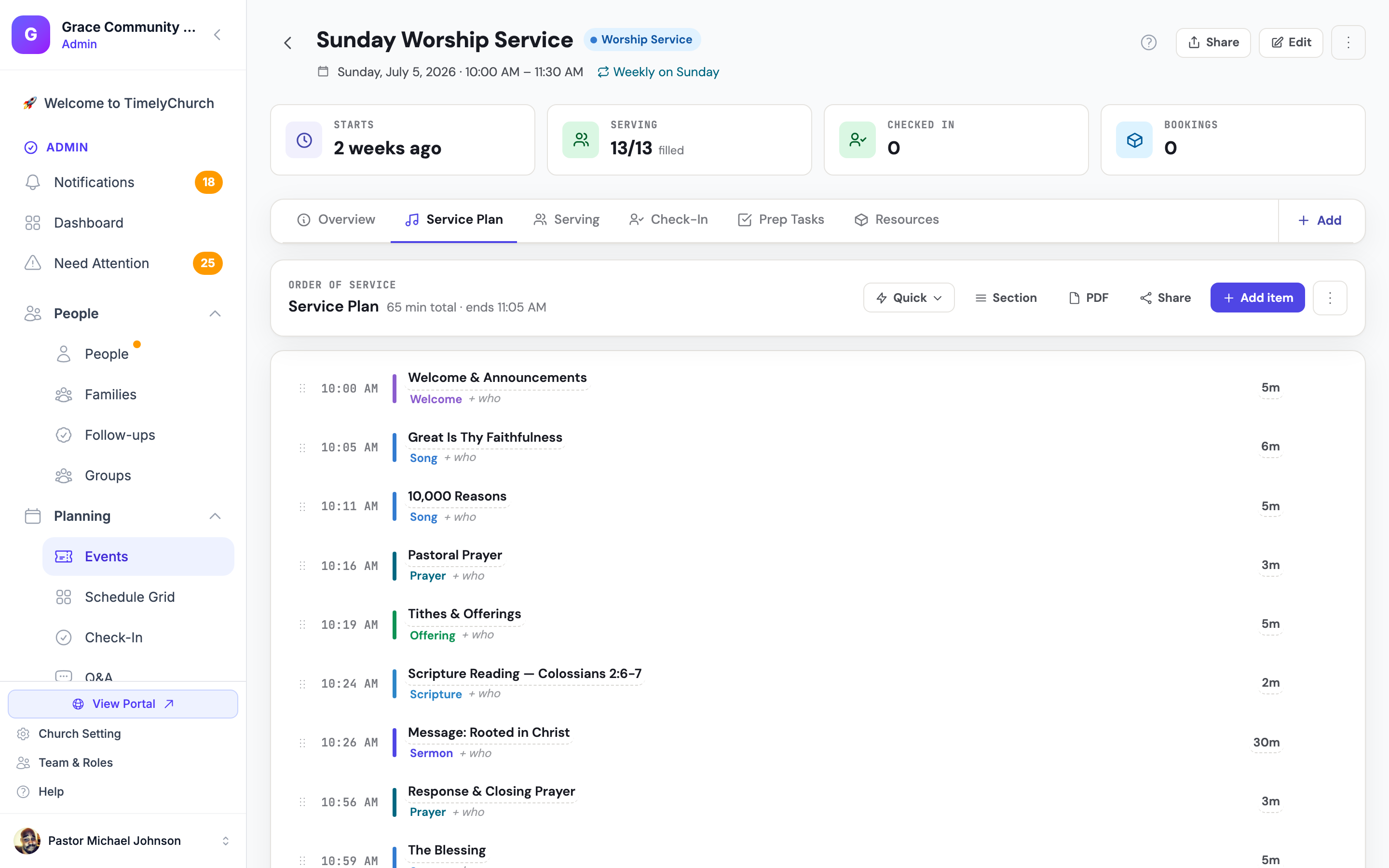 Service plan builder showing drag-and-drop order of service with running clock and item types in TimelyChurch