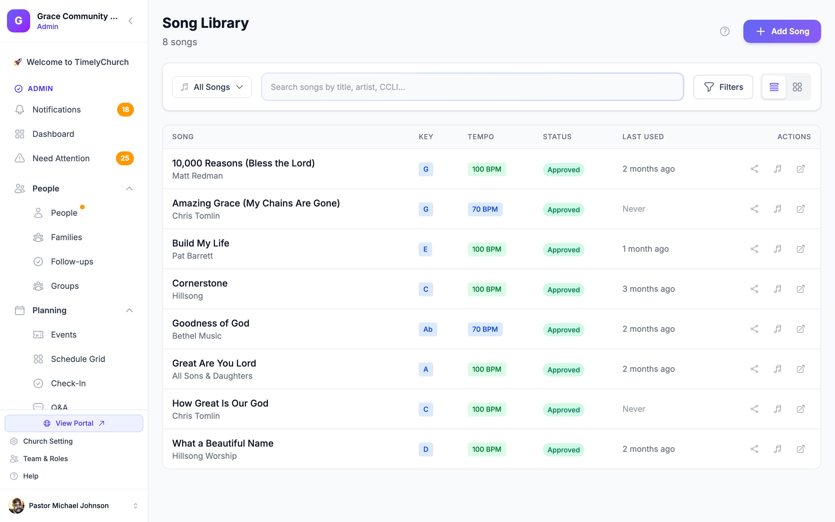 Song library in TimelyChurch showing imported worship songs with keys, artists, and tags