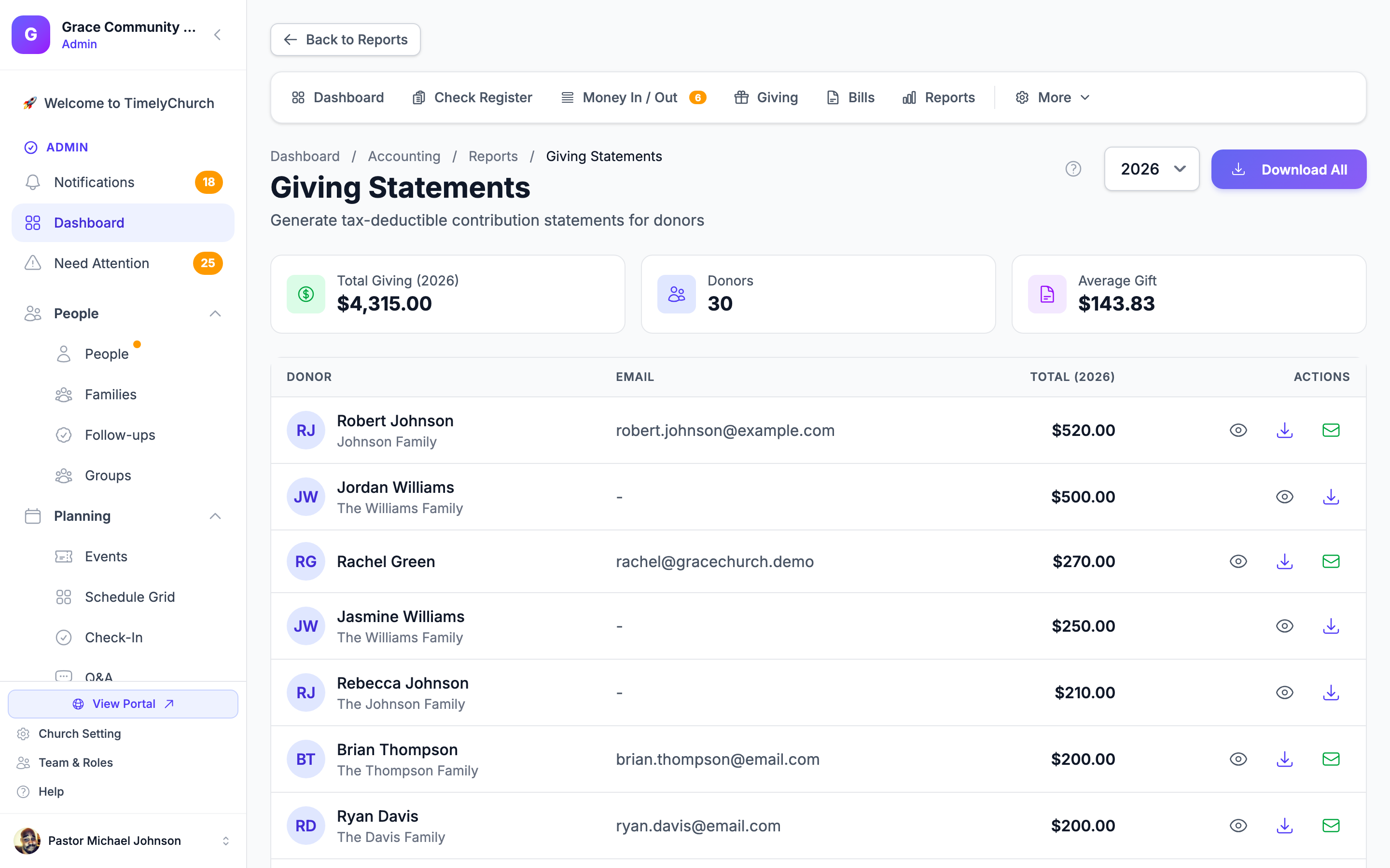 Giving statements screen showing donor list and one-click email or PDF export