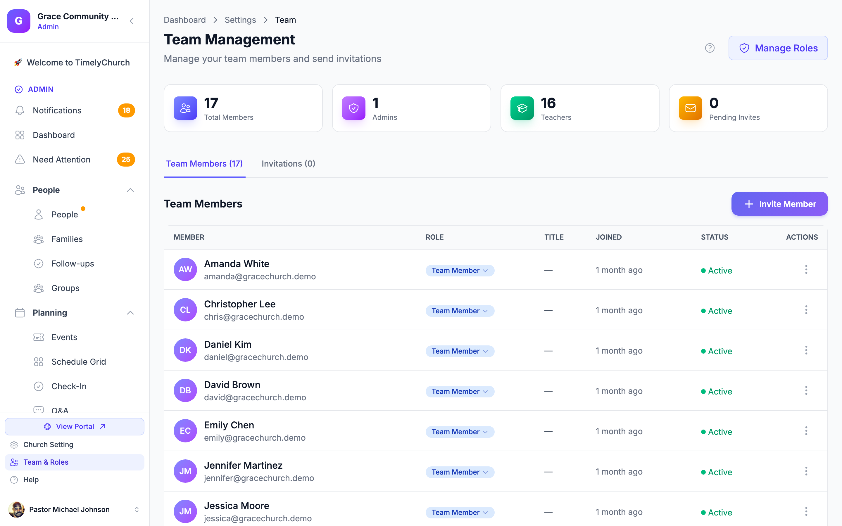 Team members scheduling view showing Sunday school teacher rotation assignments by date