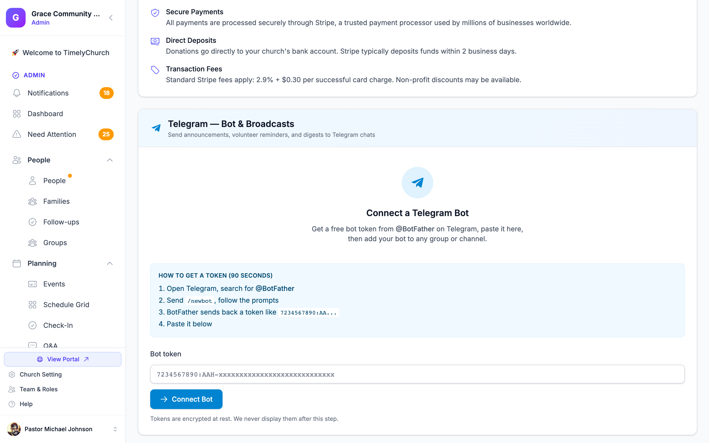 TimelyChurch Telegram integration settings screen showing bot configuration and broadcast options
